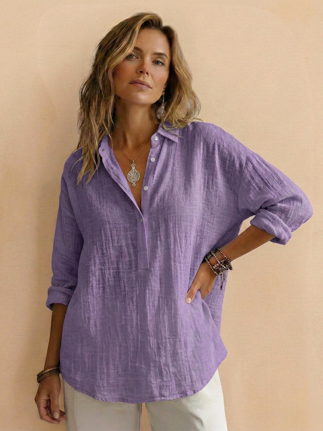 Lightweight 100% cotton popover blouse with relaxed fit and classic collar