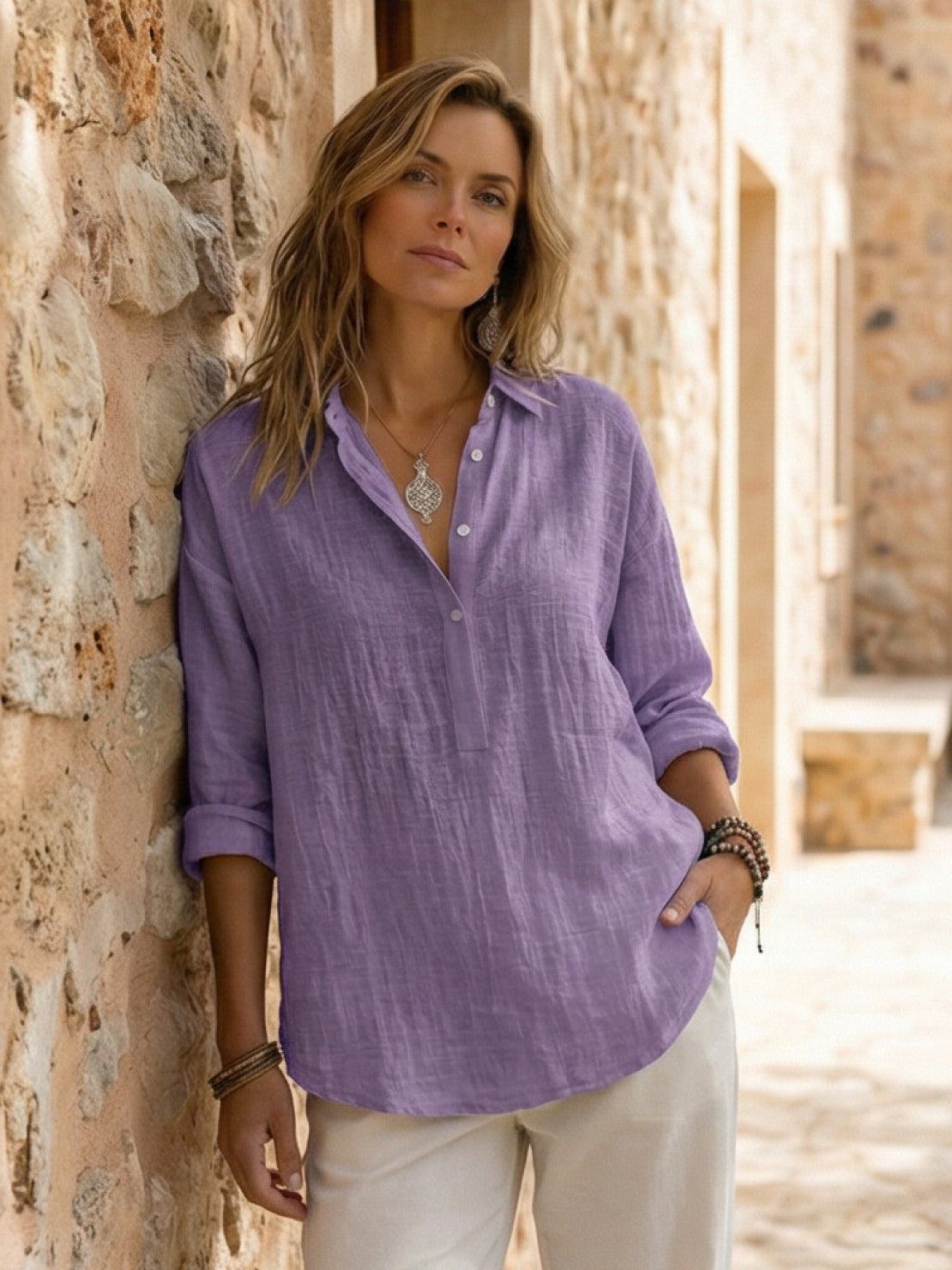 Lightweight 100% cotton popover blouse with relaxed fit and natural crinkle texture