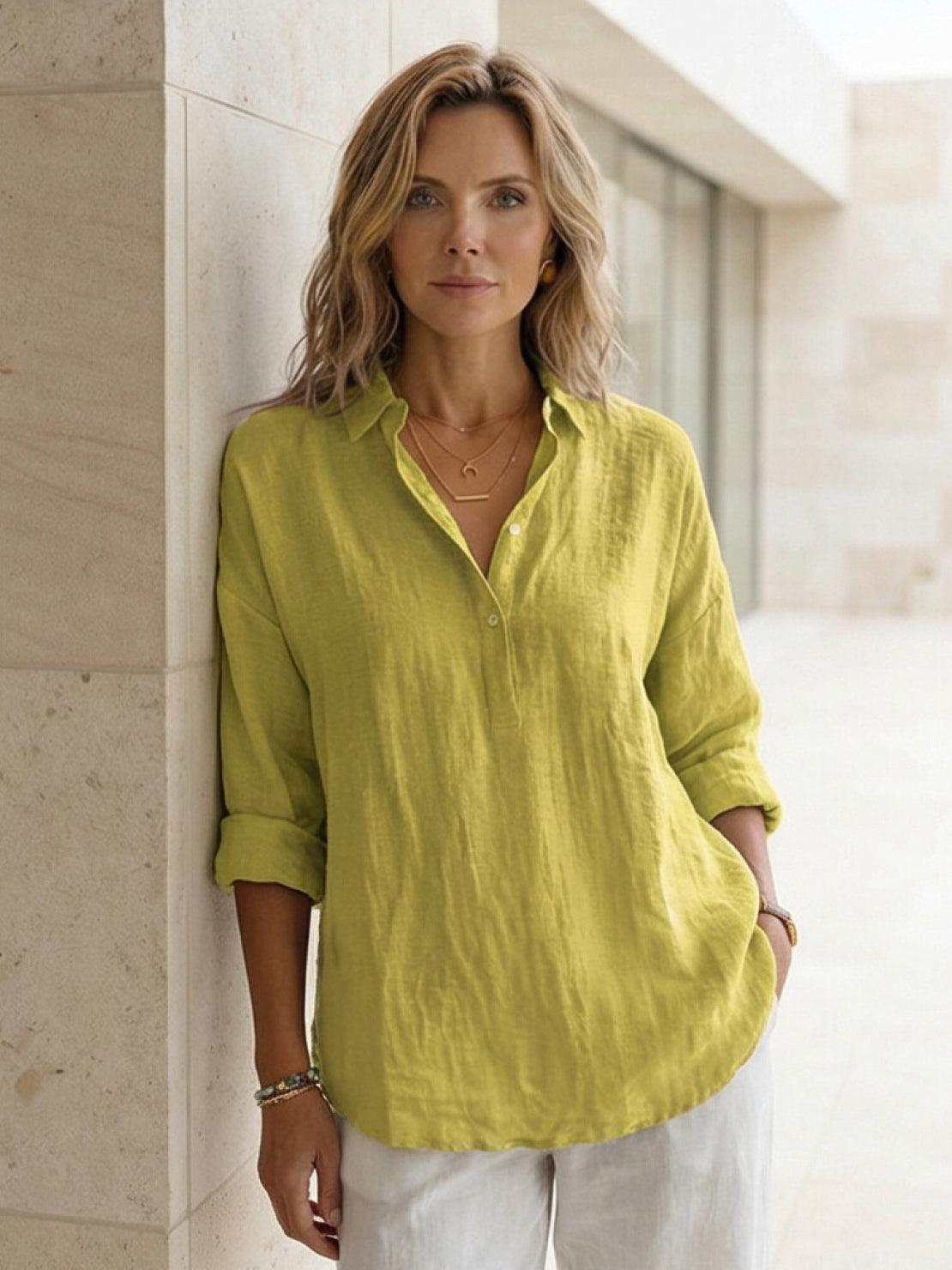 Lightweight 100% cotton popover blouse with relaxed fit and classic collar