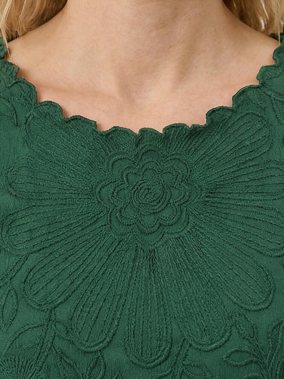 Floral Jacquard Pleated Top with 3D floral texture, A-line silhouette, round neckline, and flutter sleeves