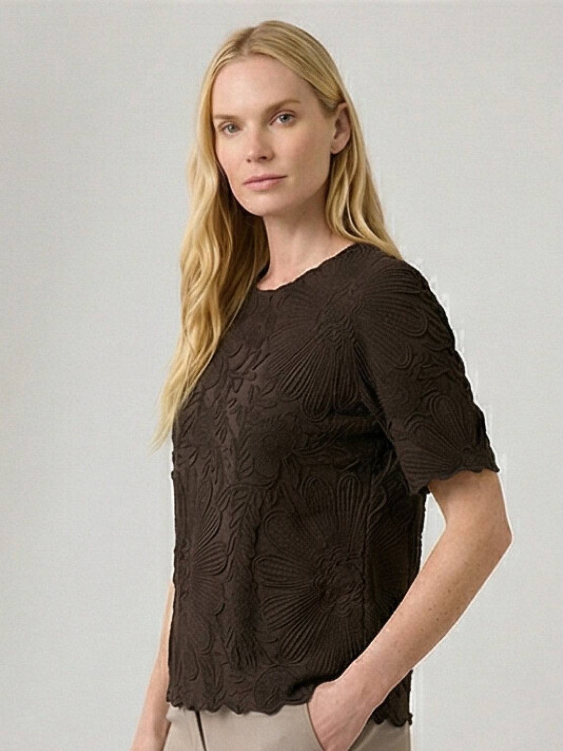 Floral jacquard pleated top with 3D floral texture, flutter sleeves, and relaxed A-line fit