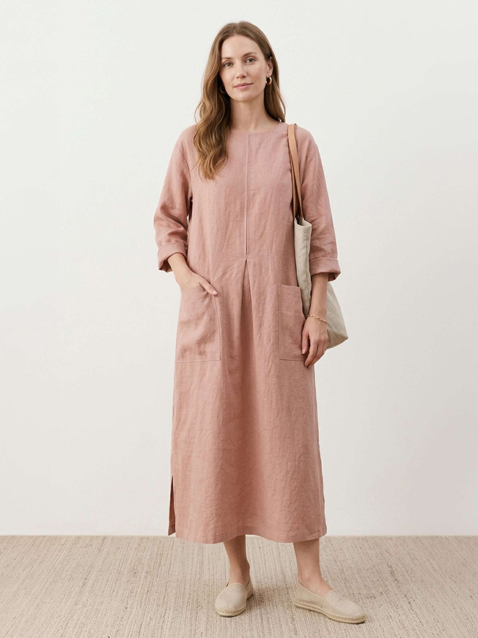 100% linen loose A-line maxi dress with 3/4 sleeves and hip pockets