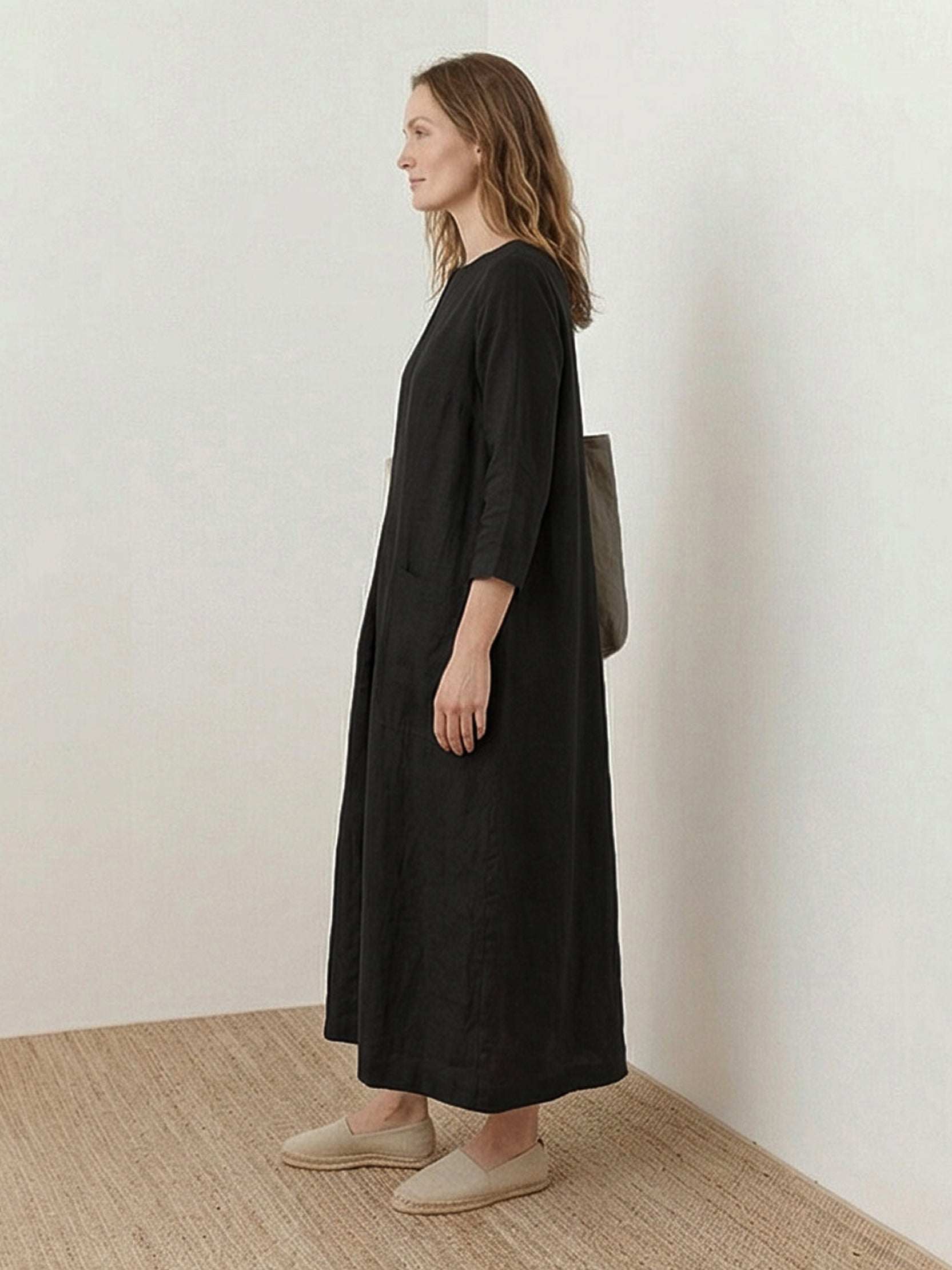 100% linen A-line maxi dress with 3/4 sleeves and large hip pockets