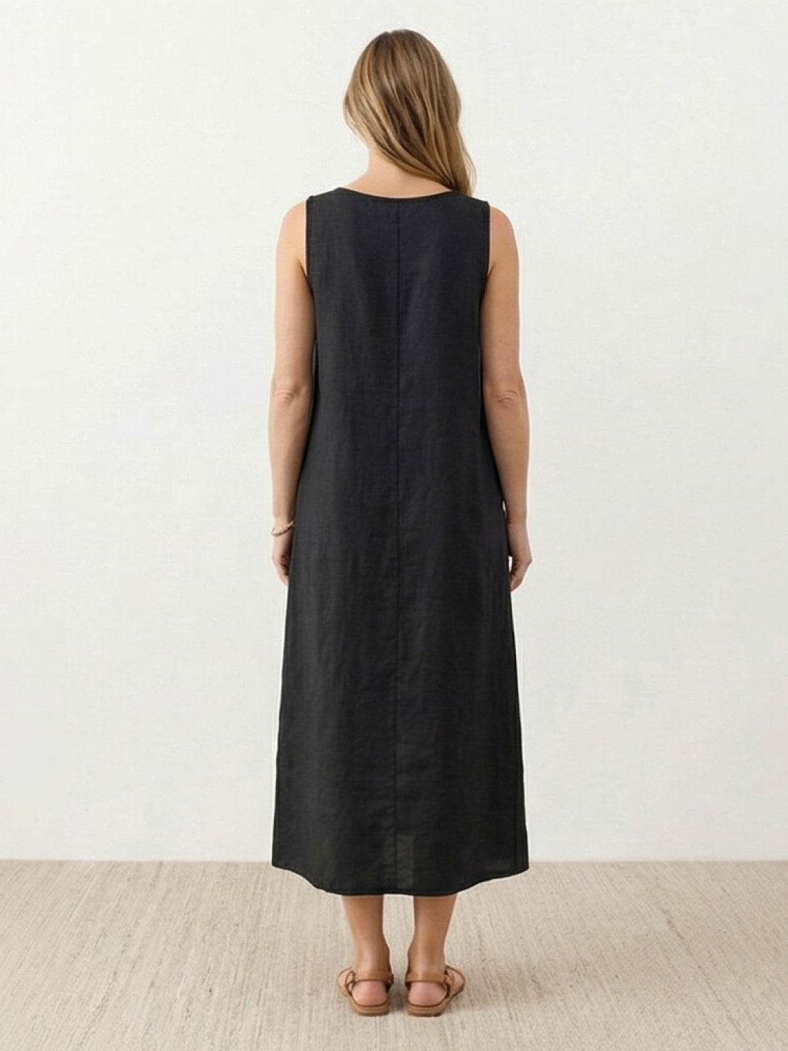 Lightweight cotton linen sleeveless maxi dress with round neckline and flowy ankle-length silhouette