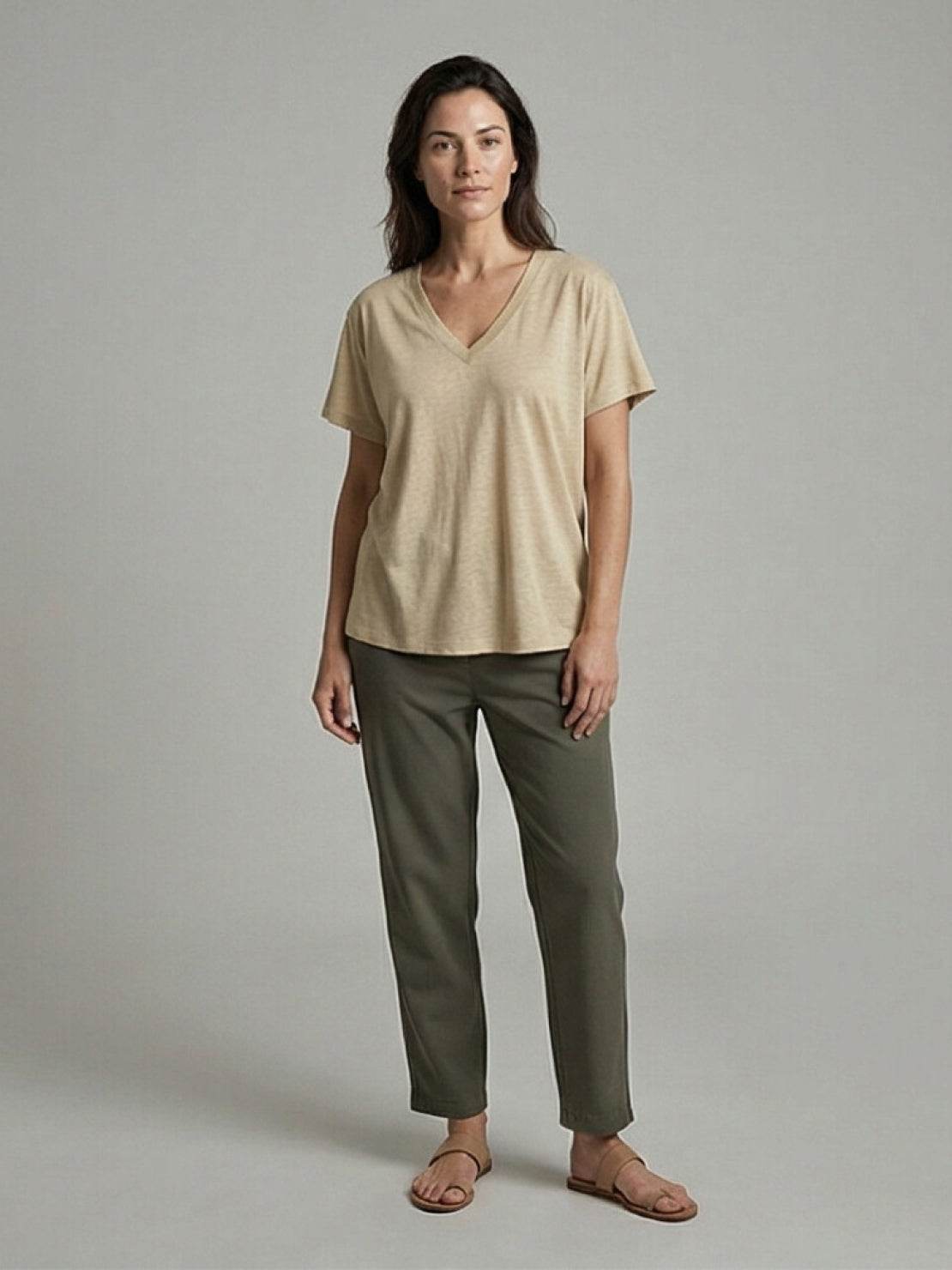 linen-bamboo v-neck tee with deep neckline and relaxed fit in breathable linen and bamboo viscose blend