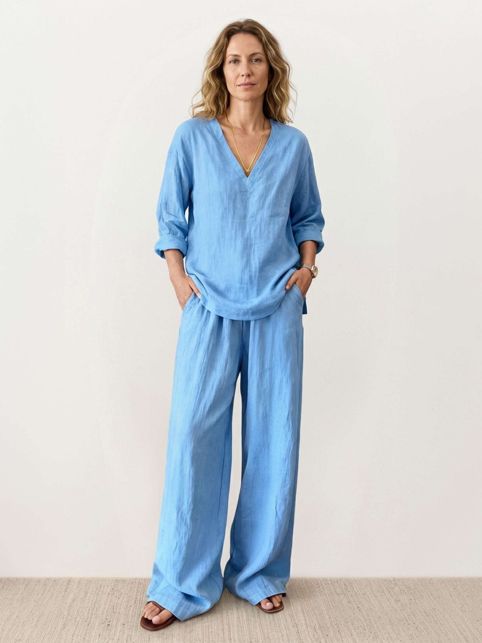 Lightweight 100% cotton linen set with oversized V-neck top and wide-leg pants