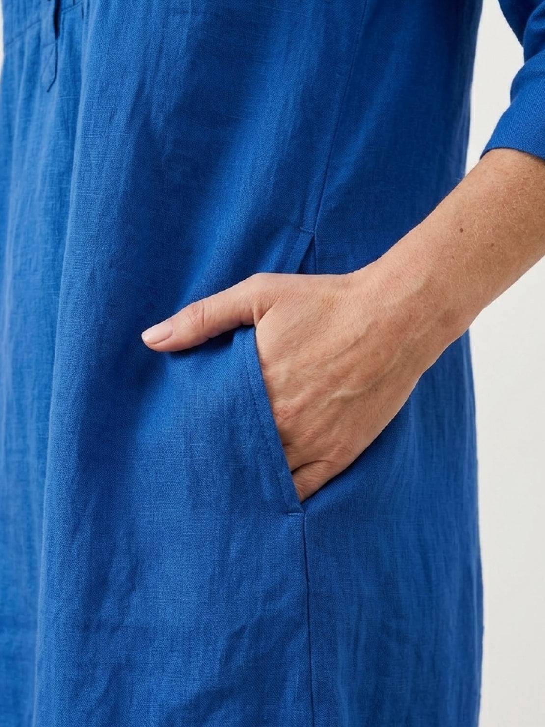 Relaxed A-line cotton linen dress with pintuck pleats, V-neck, 3/4 sleeves, and side slits