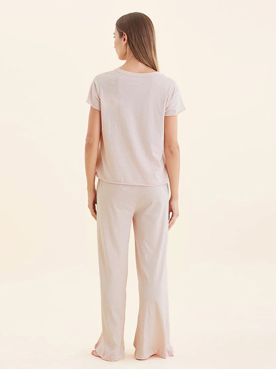 Cotton-Linen Lounge Set with short and long-sleeve cropped tops and wide-leg pants in breathable fabric