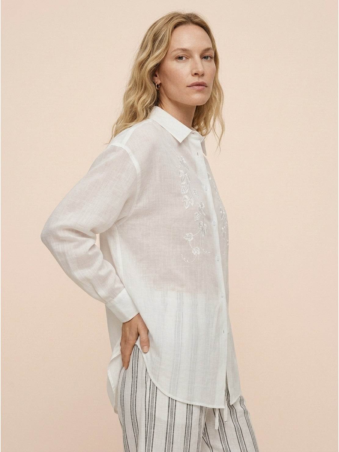 White Ramie Linen-Lyocell embroidered relaxed fit tunic shirt with curved hem and side slits