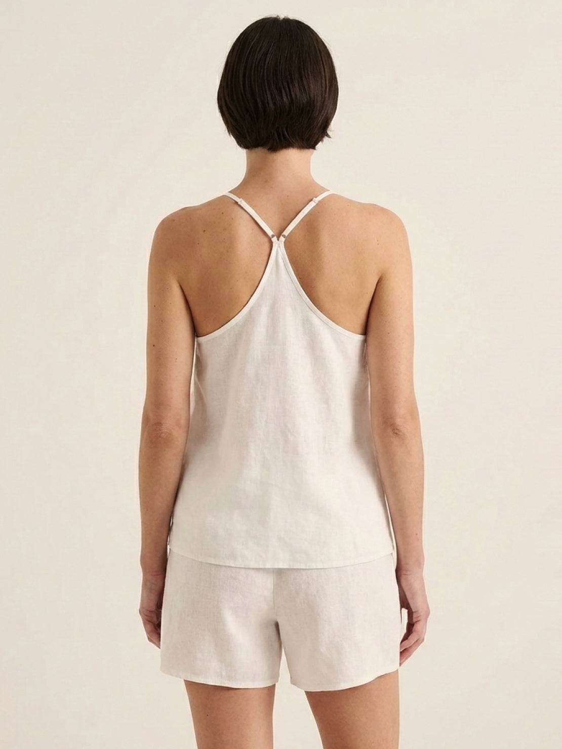 Loose fit linen-lyocell cami set with crossback straps and elastic waist shorts