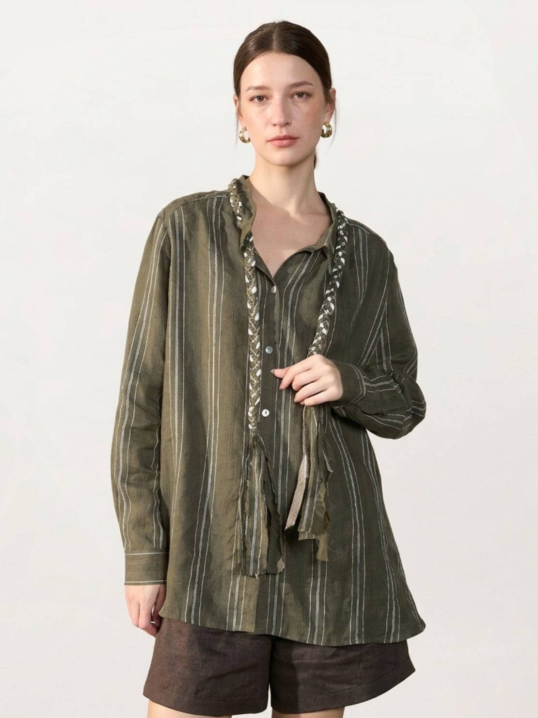 Loose-fit linen-cotton striped shirt with drop shoulders and tassel trim