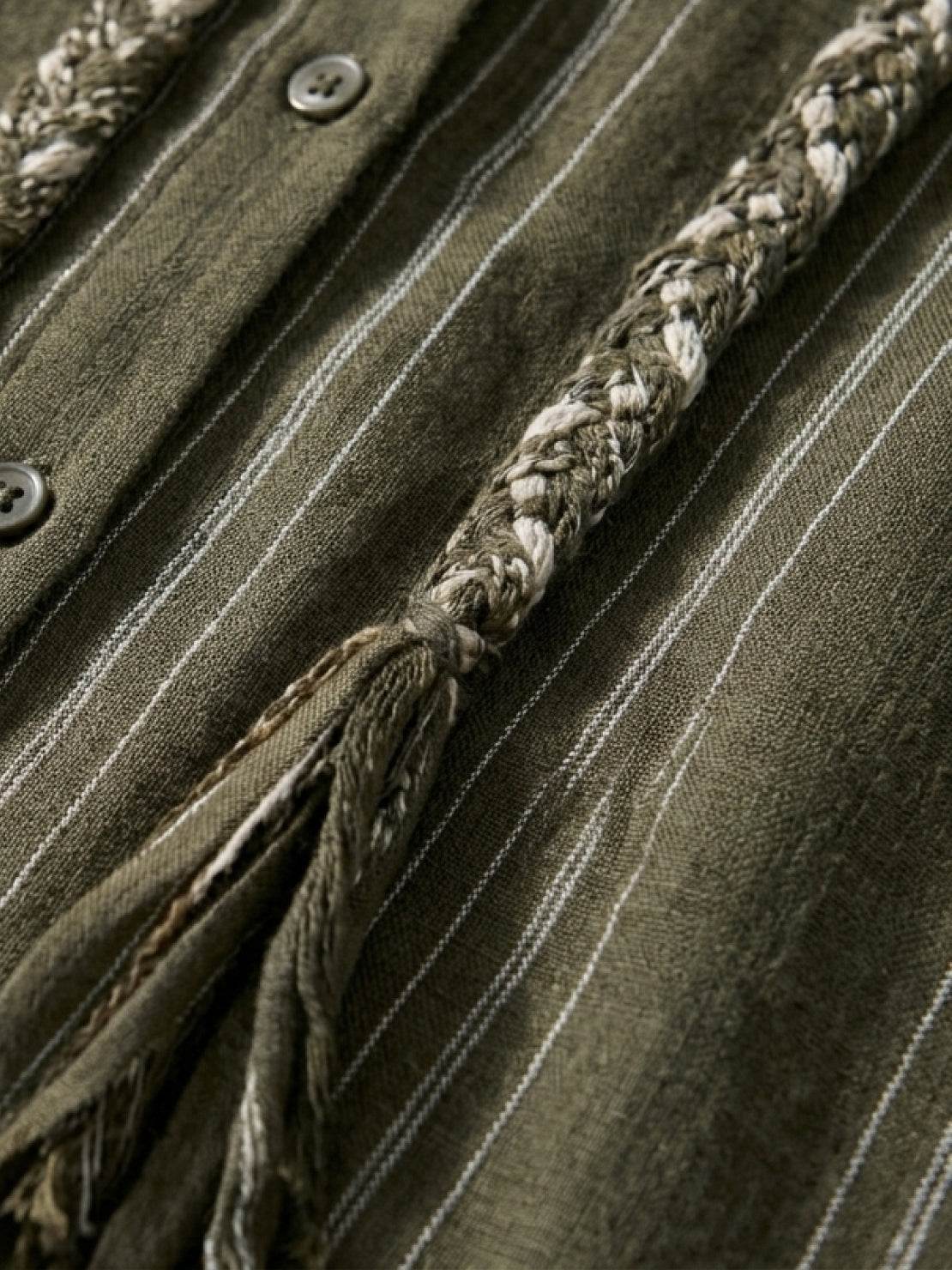 Linen-cotton striped shirt with braided tassel trim and drop shoulder design