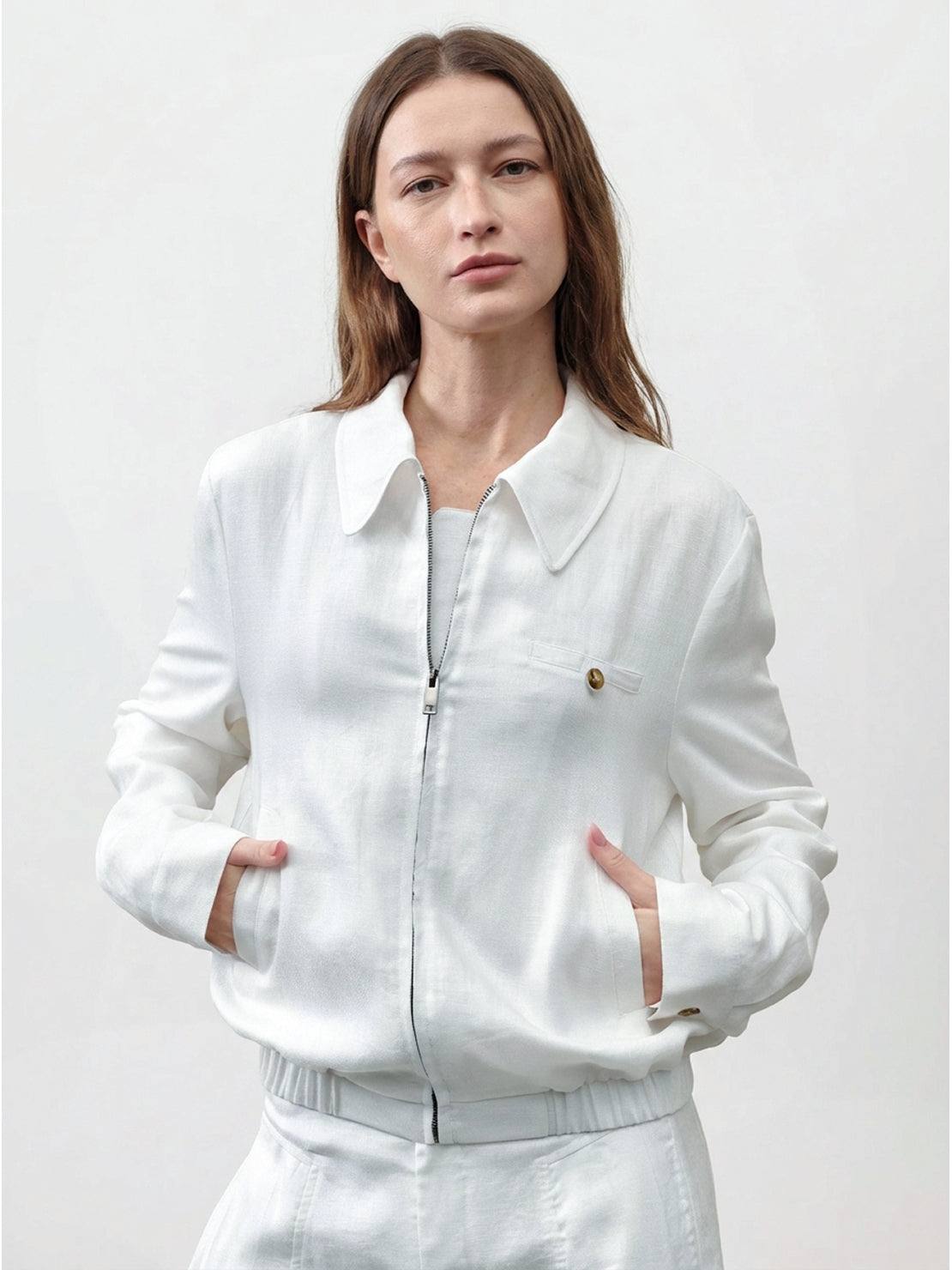 Cropped Linen-Lyocell zip bomber jacket with ribbed waistband and chest pocket
