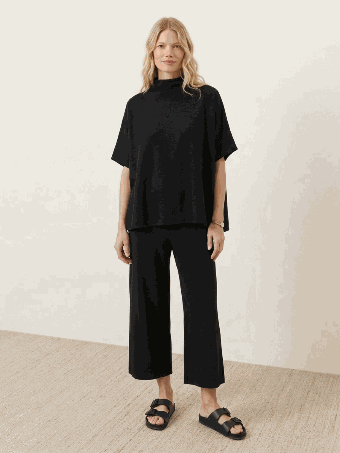 Cotton-blend capelet lounge set with mock neck top and wide-leg pants in relaxed fit