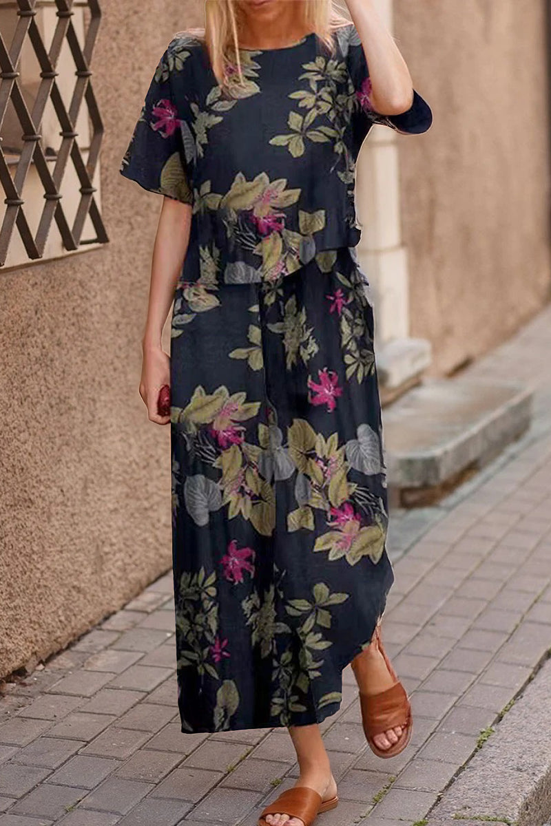 Lightweight Breezy Meadow two-piece set with relaxed top and wide-leg trousers in soft polyester fabric