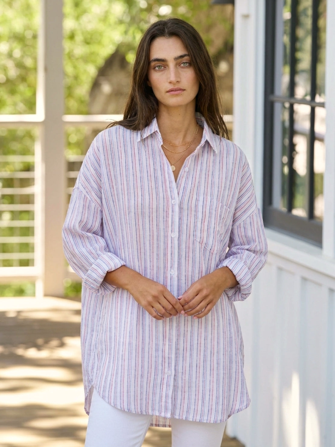 White oversized linen shirt with back pleat and dropped shoulders, relaxed fit