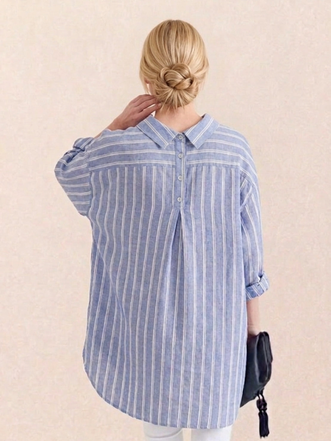 relaxed oversized linen shirt with back-pleat detail and coastal stripe pattern