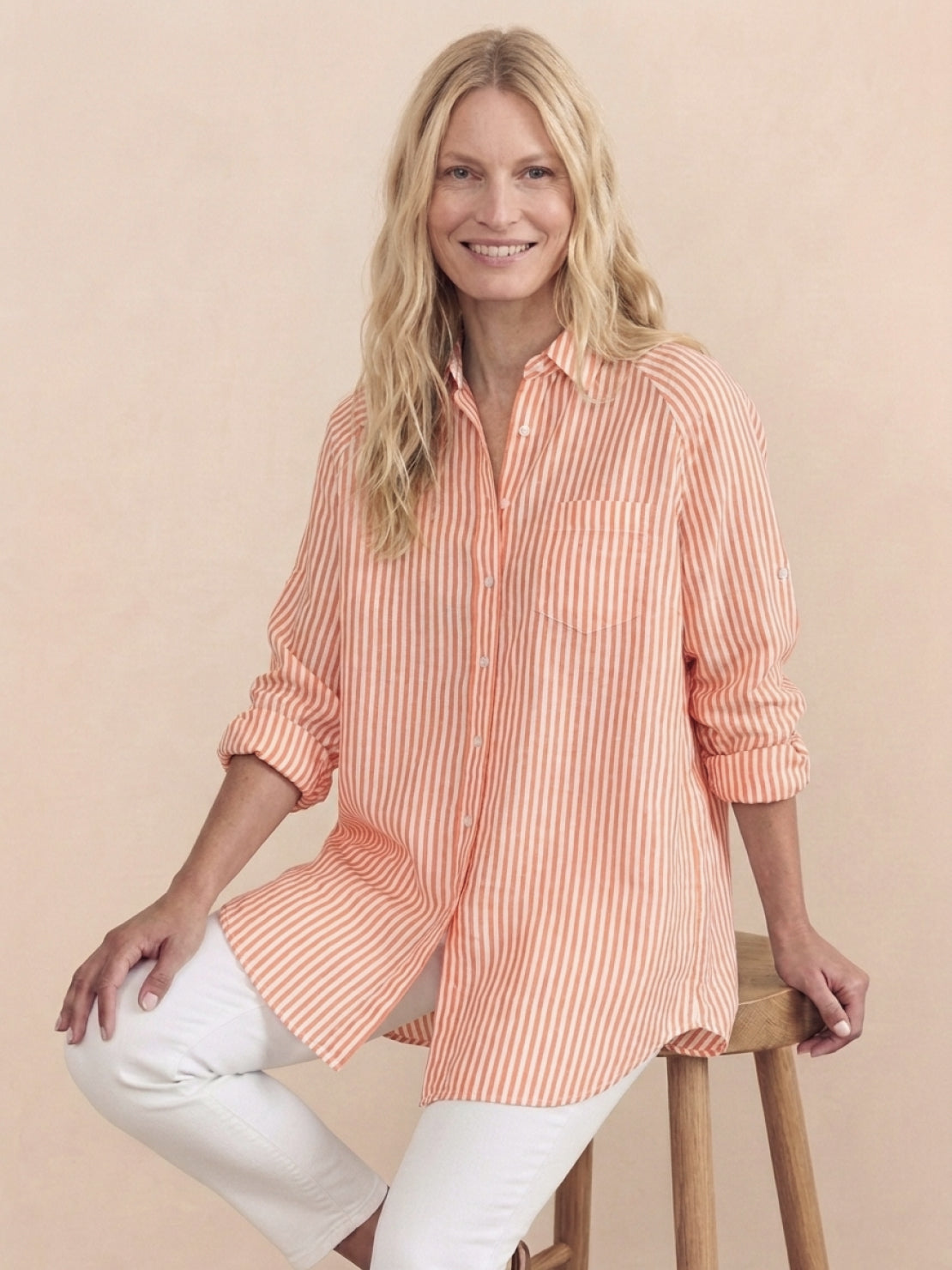 Peach oversized linen shirt with back pleat and button details in relaxed fit