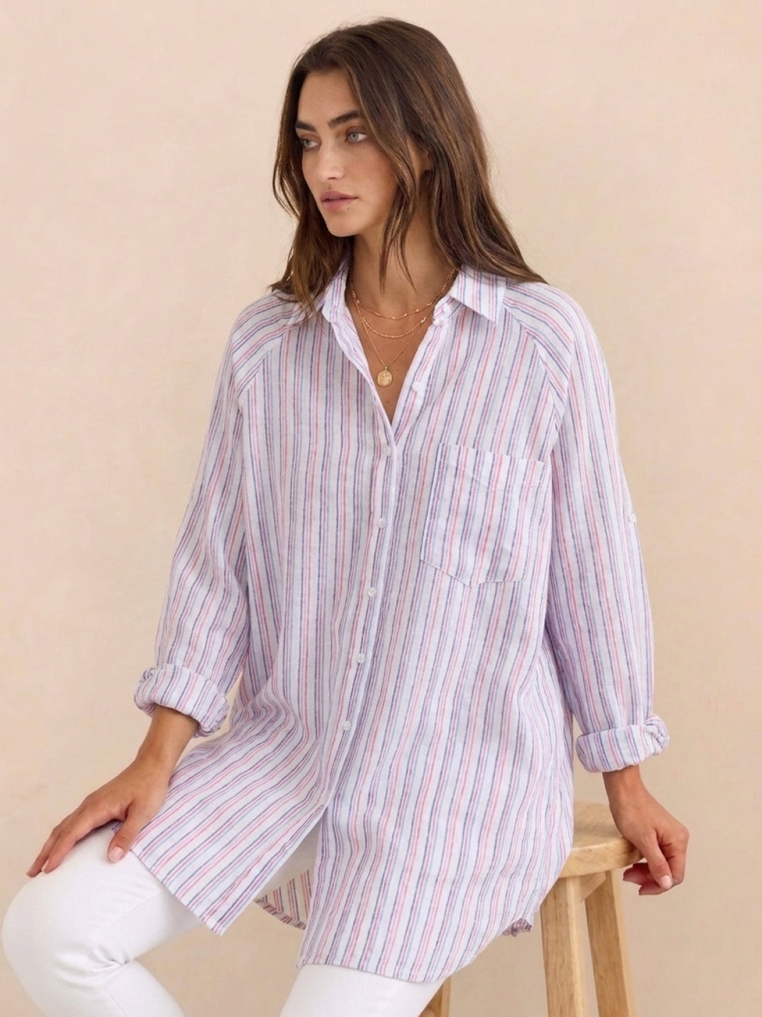 Oversized linen shirt in sorbet stripe with back pleat detail and relaxed fit on model
