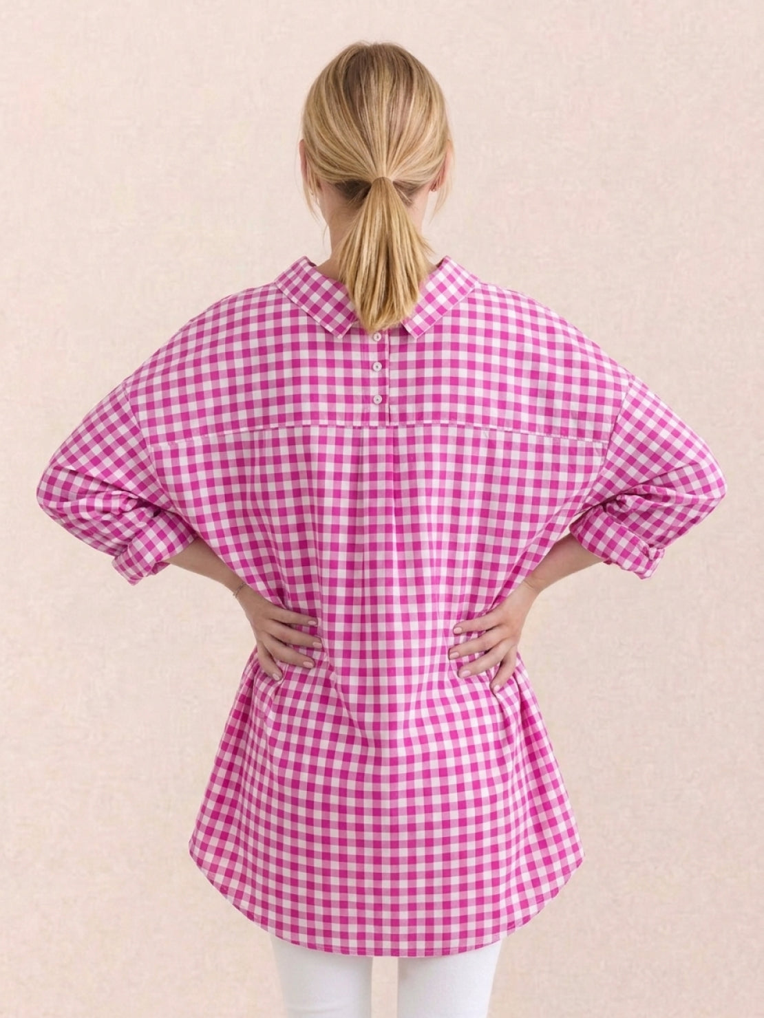 Raspberry gingham oversized linen shirt with back-pleat detail and button cuffs