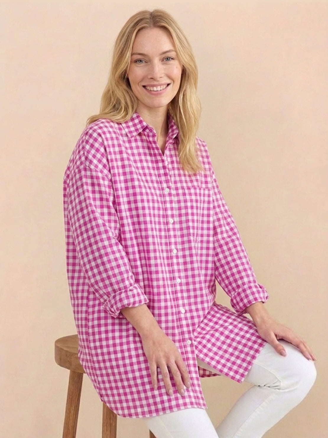 Raspberry gingham oversized linen shirt with back pleat and relaxed fit