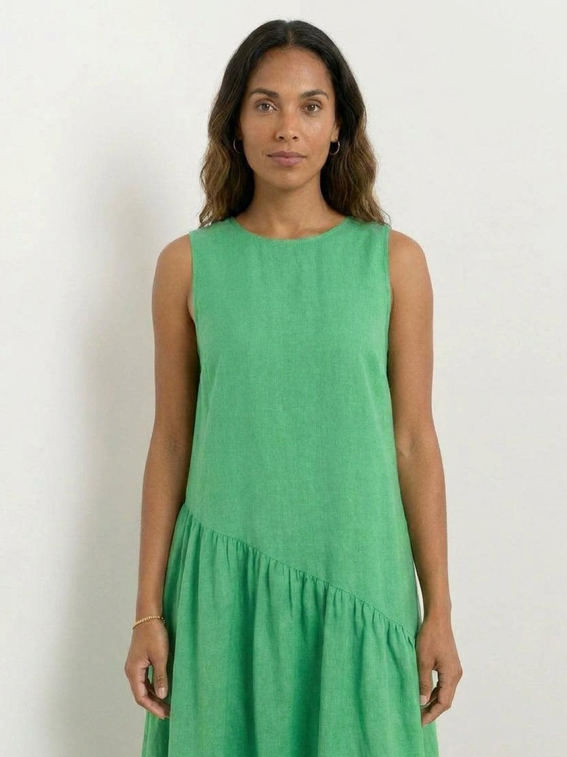 Cotton-linen summer midi dress with tiered skirt and relaxed drop-waist silhouette in lightweight fabric