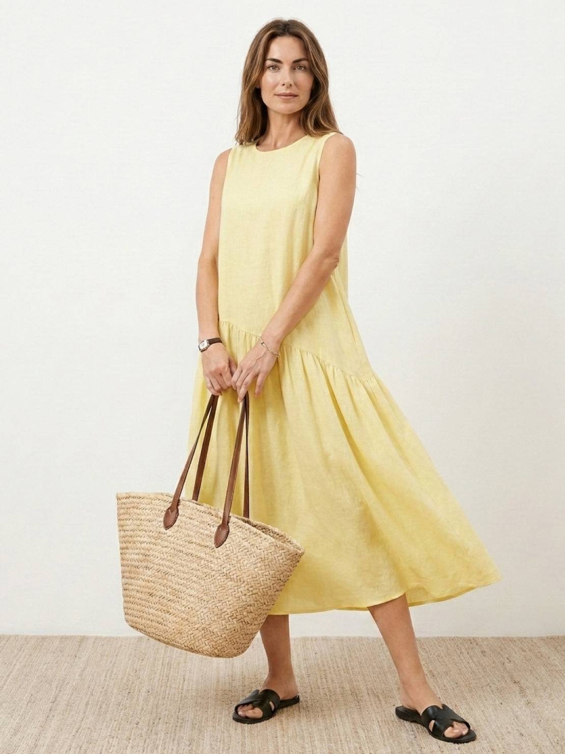 Cotton-linen summer midi dress with tiered skirt and relaxed drop-waist silhouette in lightweight fabric