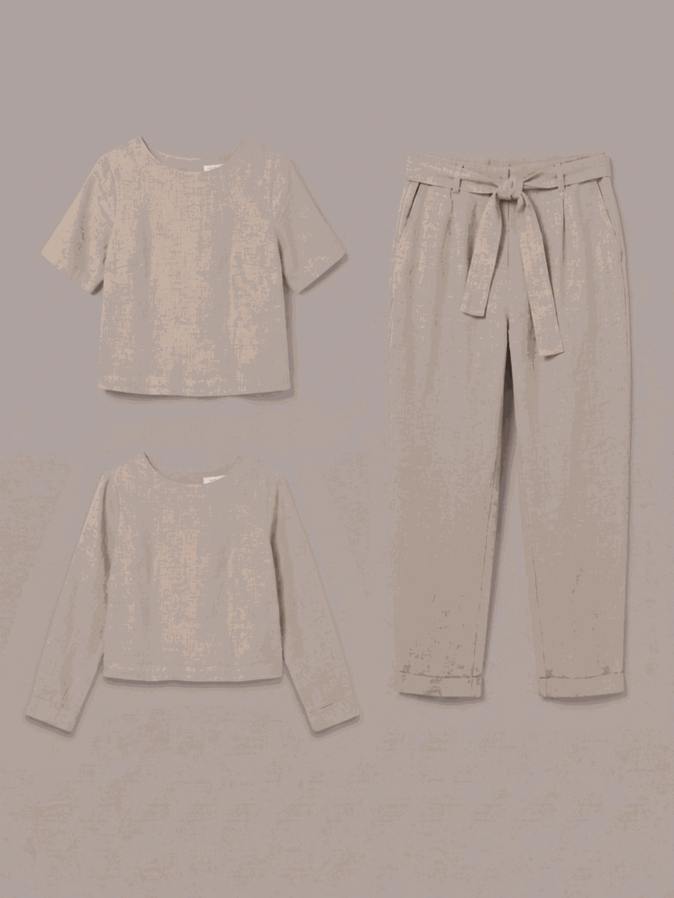 woman wearing relaxed cotton-linen set with short-sleeve top and straight-leg pants in monochrome tone