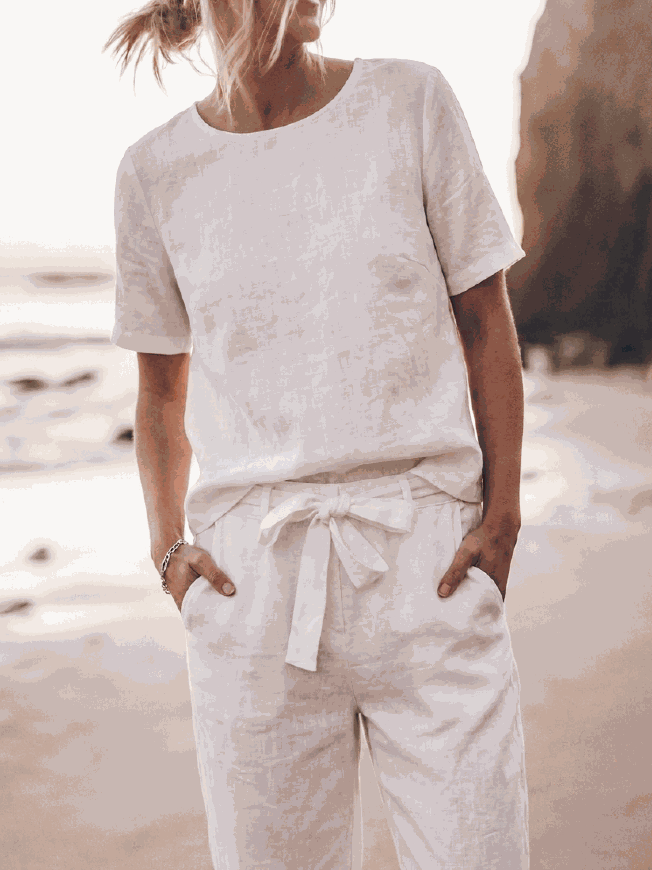 Cotton-linen set with relaxed short-sleeve top and straight-leg pants in breathable monochrome fabric