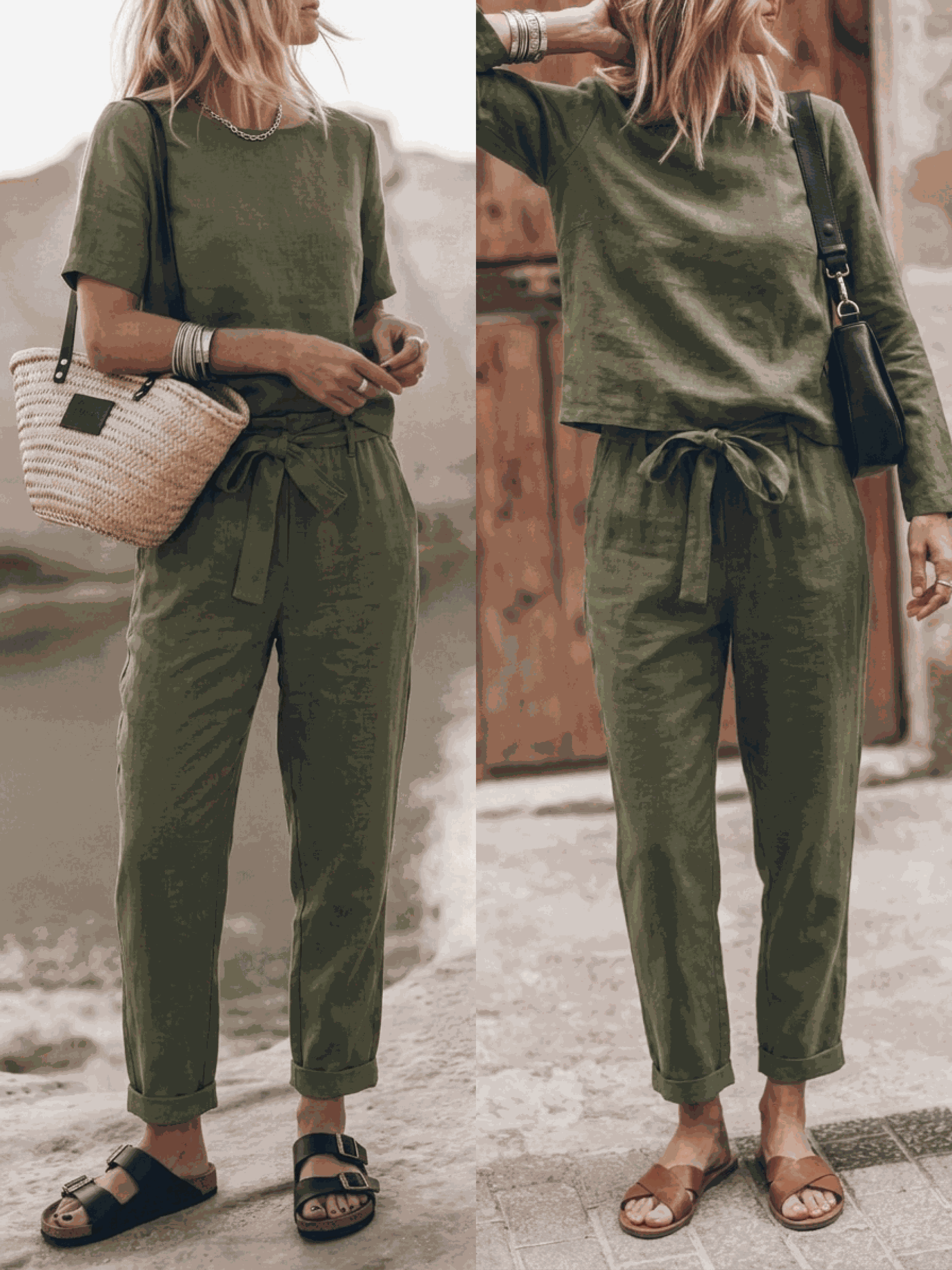 Model wearing relaxed cotton-linen set with short-sleeve top and straight-leg pants in monochrome tones