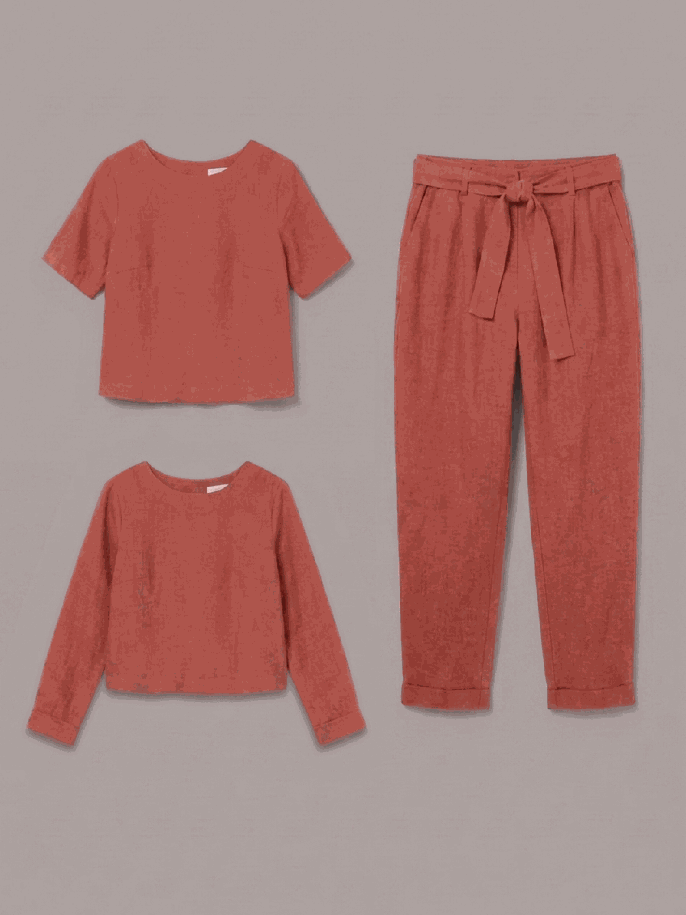 Cotton-linen set with relaxed short-sleeve top and straight-leg pants in breathable monochrome fabric
