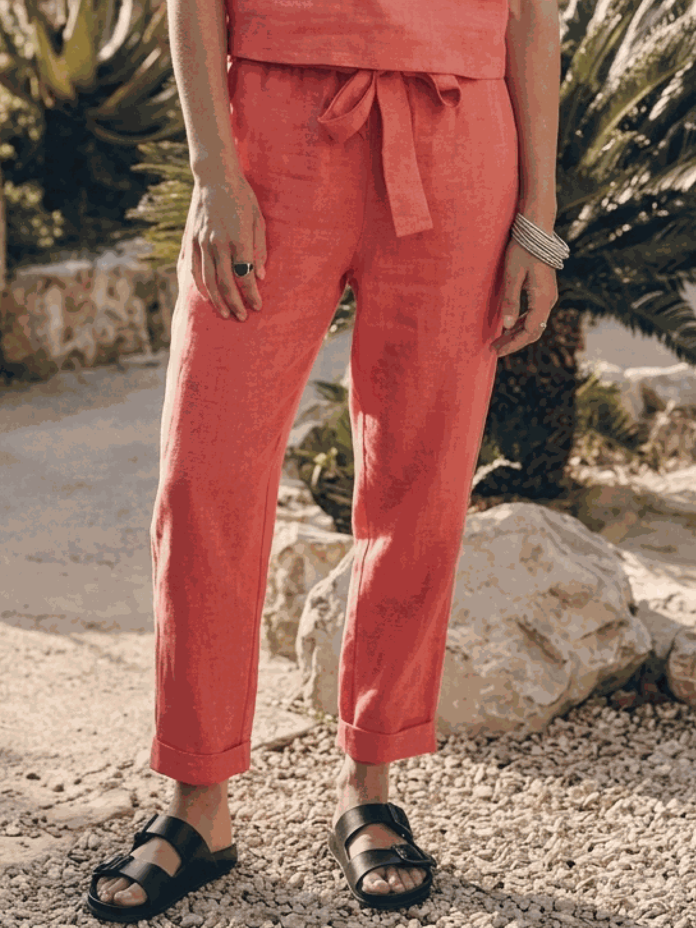 Cotton-linen set with relaxed short-sleeve top and straight-leg pants in monochrome breathable fabric