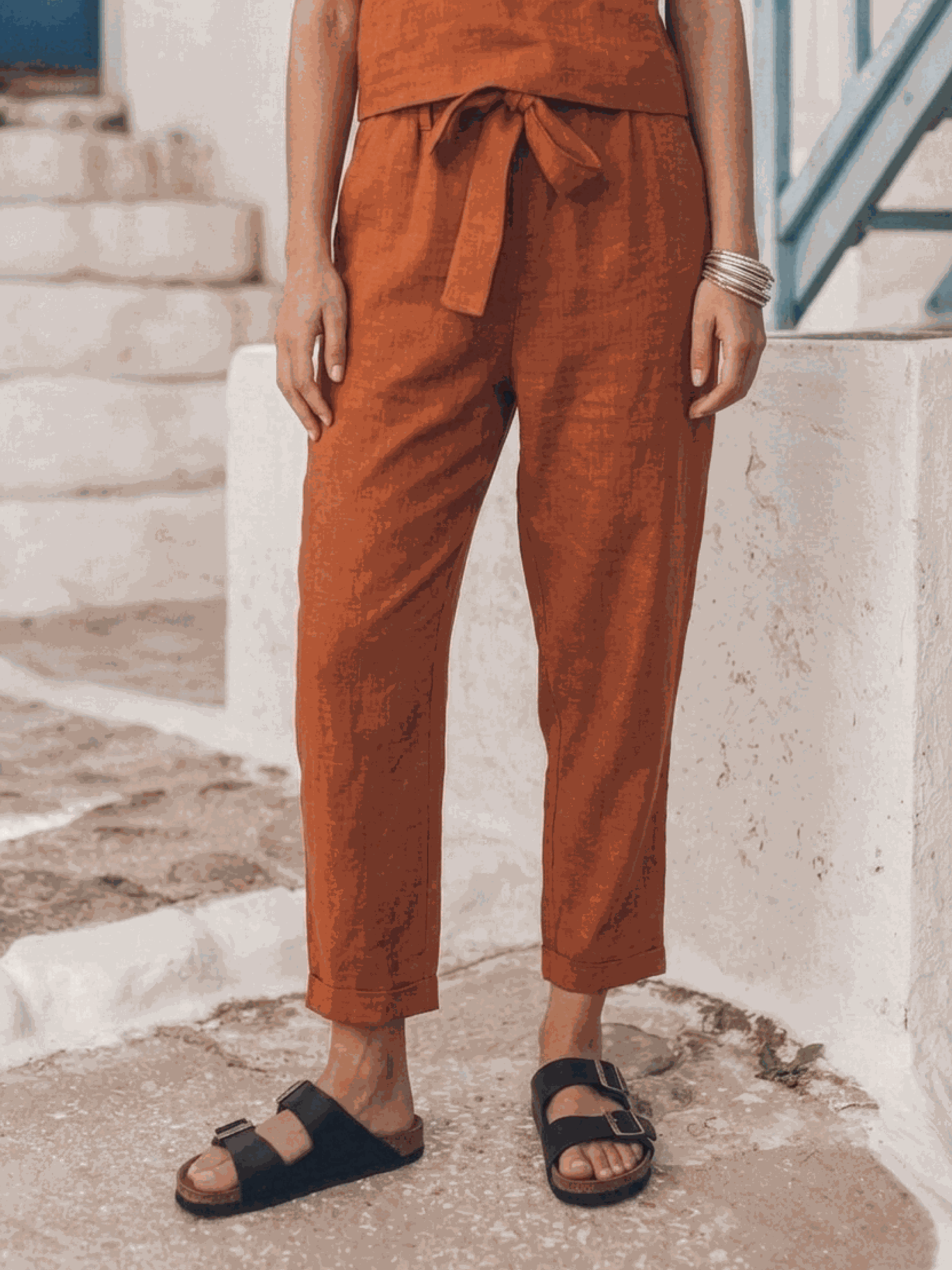 Breathable cotton-linen set with relaxed short-sleeve top and straight-leg pants in a natural monochrome palette