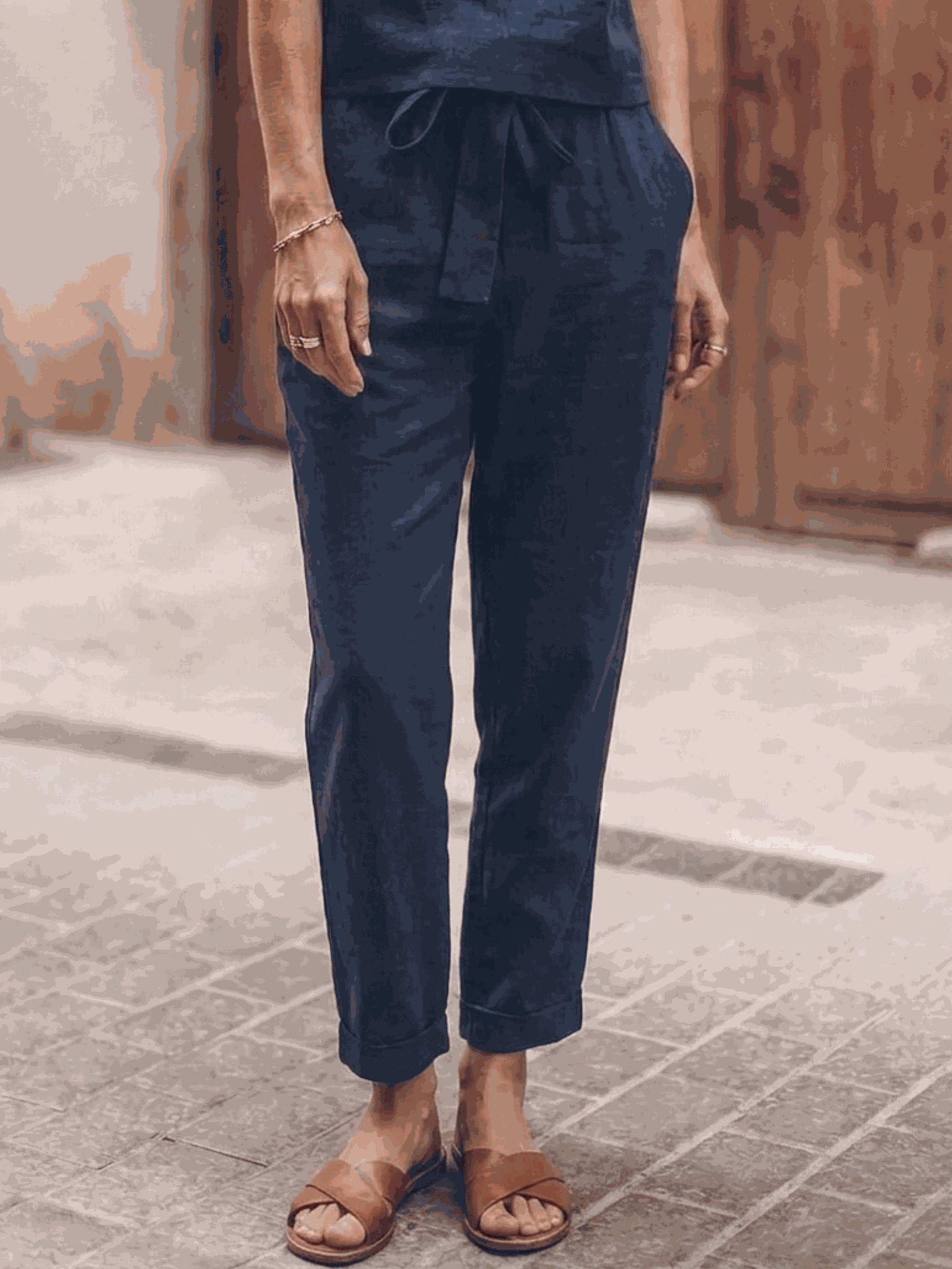 Cotton-linen three-piece monochrome set with relaxed fit and breathable texture