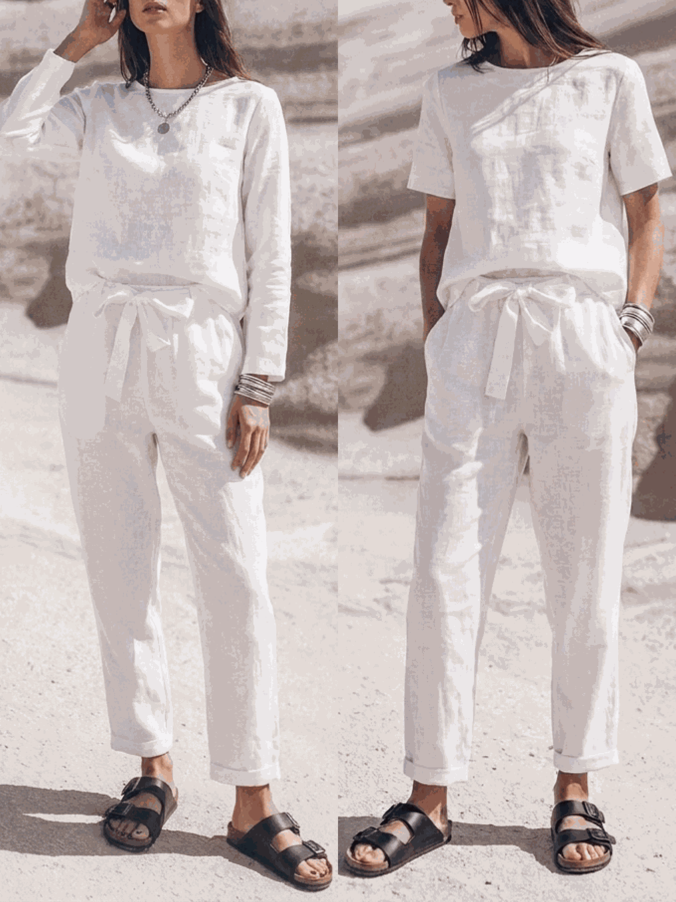 Cotton-linen three-piece monochrome set with relaxed short-sleeve top and straight-leg pants in breathable fabric