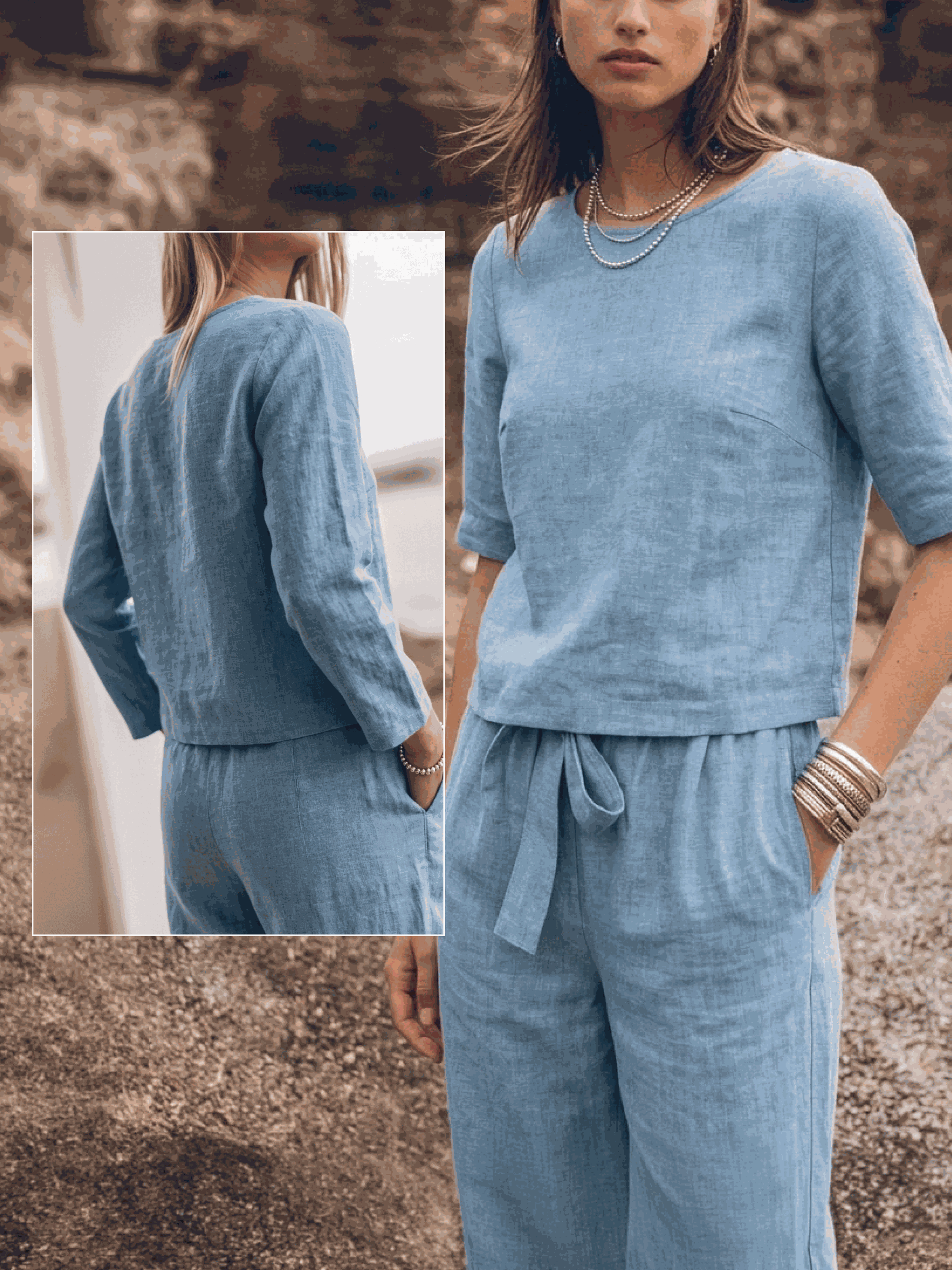 Cotton-linen set in soft breathable fabric with relaxed short-sleeve top and straight-leg pants in monochrome hues