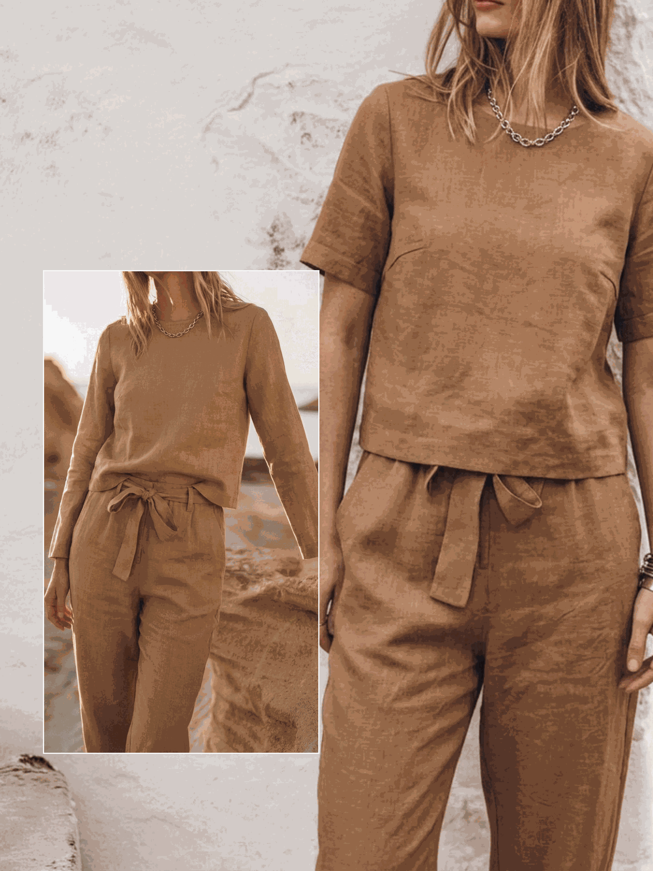 Woman wearing relaxed cotton-linen set with short-sleeve top and straight-leg pants in neutral tones