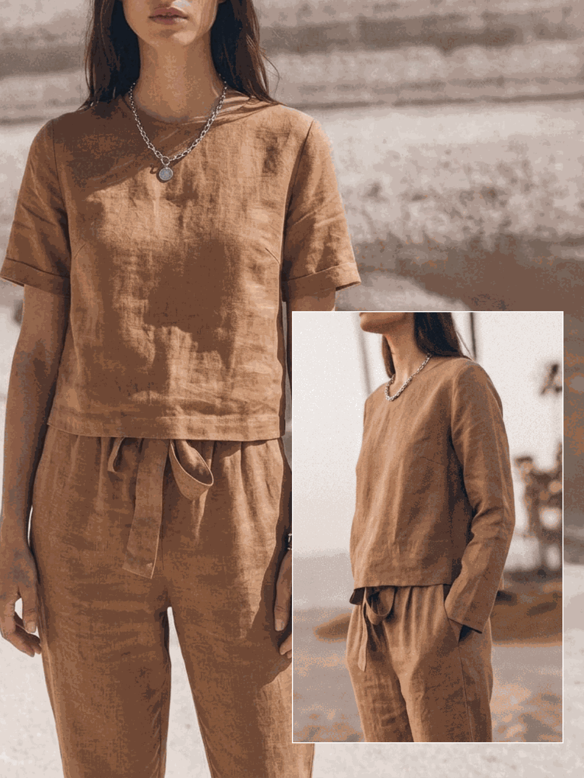 relaxed cotton-linen set with short-sleeve top and straight-leg pants in monochrome tones
