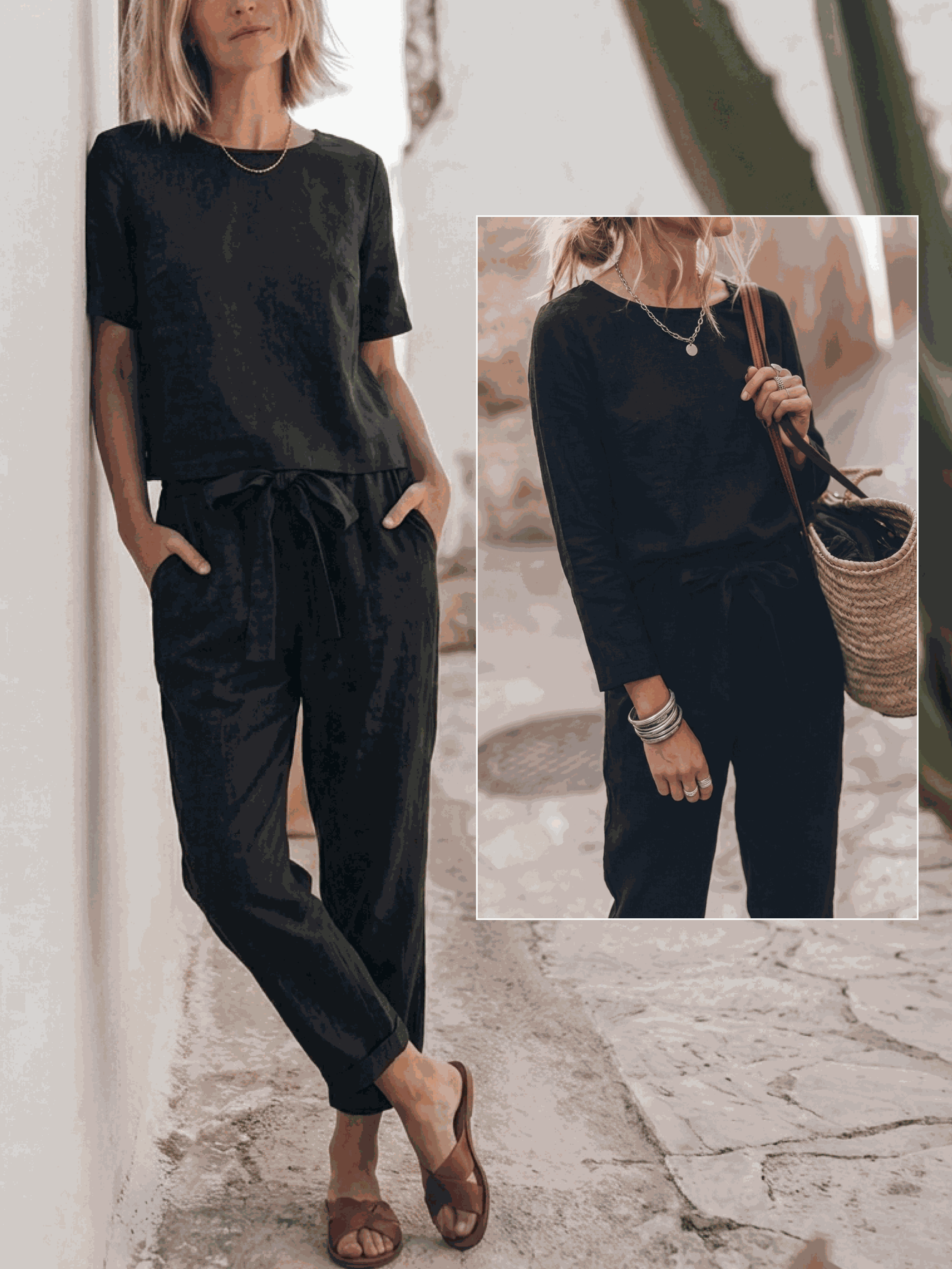 Cotton-linen two-piece set in monochrome with relaxed short-sleeve top and straight-leg pants