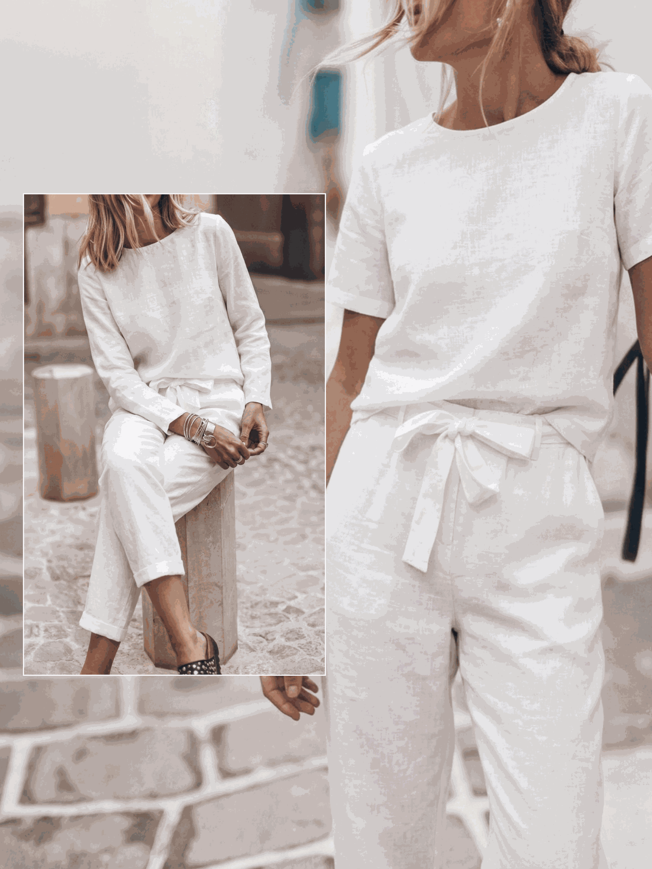 breathable cotton-linen set with relaxed short-sleeve top and straight-leg pants in monochrome tones