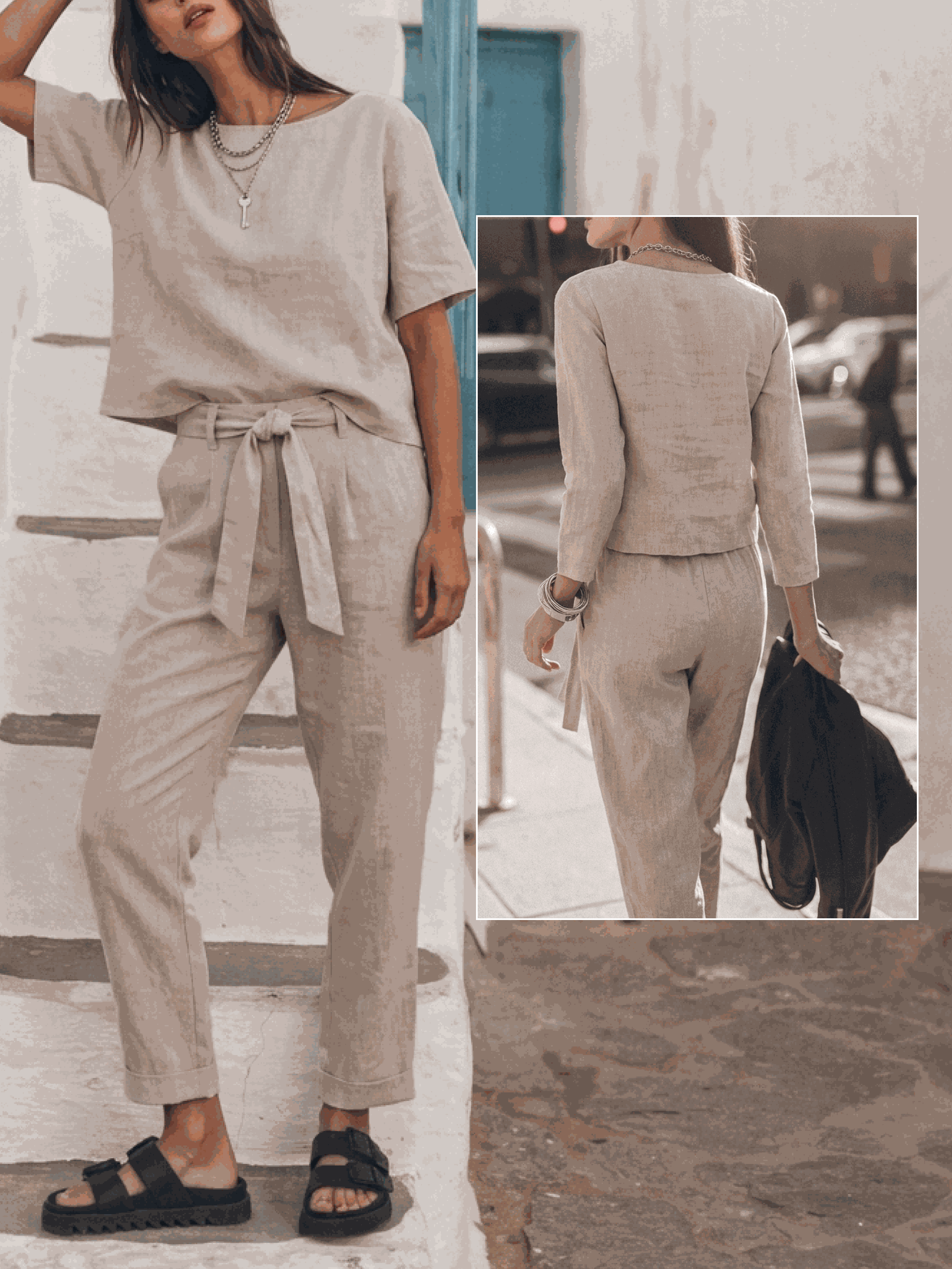 woman wearing relaxed cotton-linen set with short sleeves and straight-leg pants in monochrome