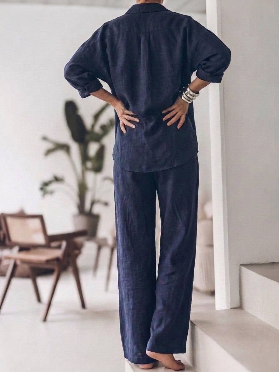 Woman wearing oversized 100% cotton shirt and wide-leg pants co-ord set in relaxed fit