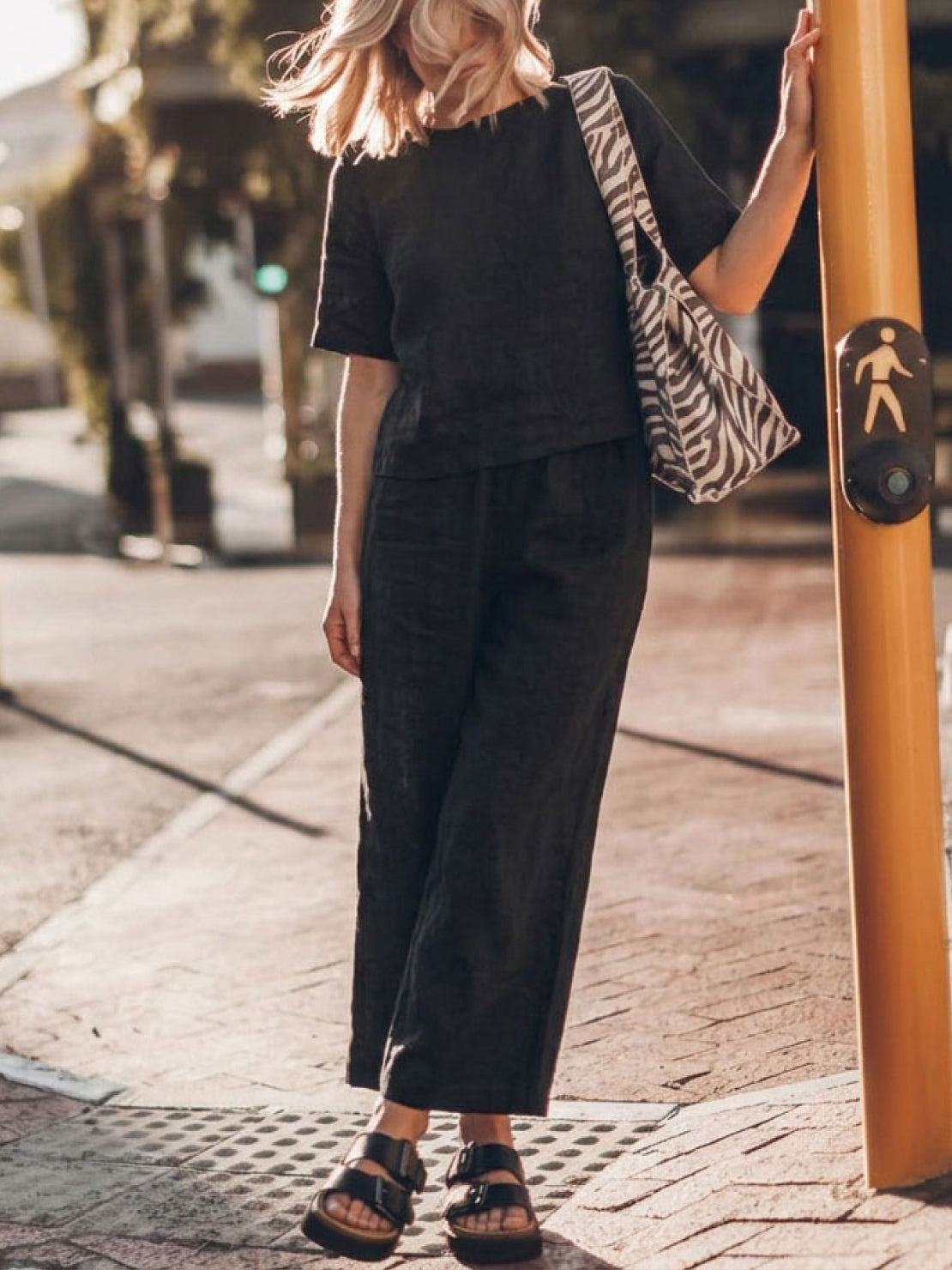 Women modeling The Meadow loose fit co-ord set with soft-tailored top and wide-leg cotton bottoms