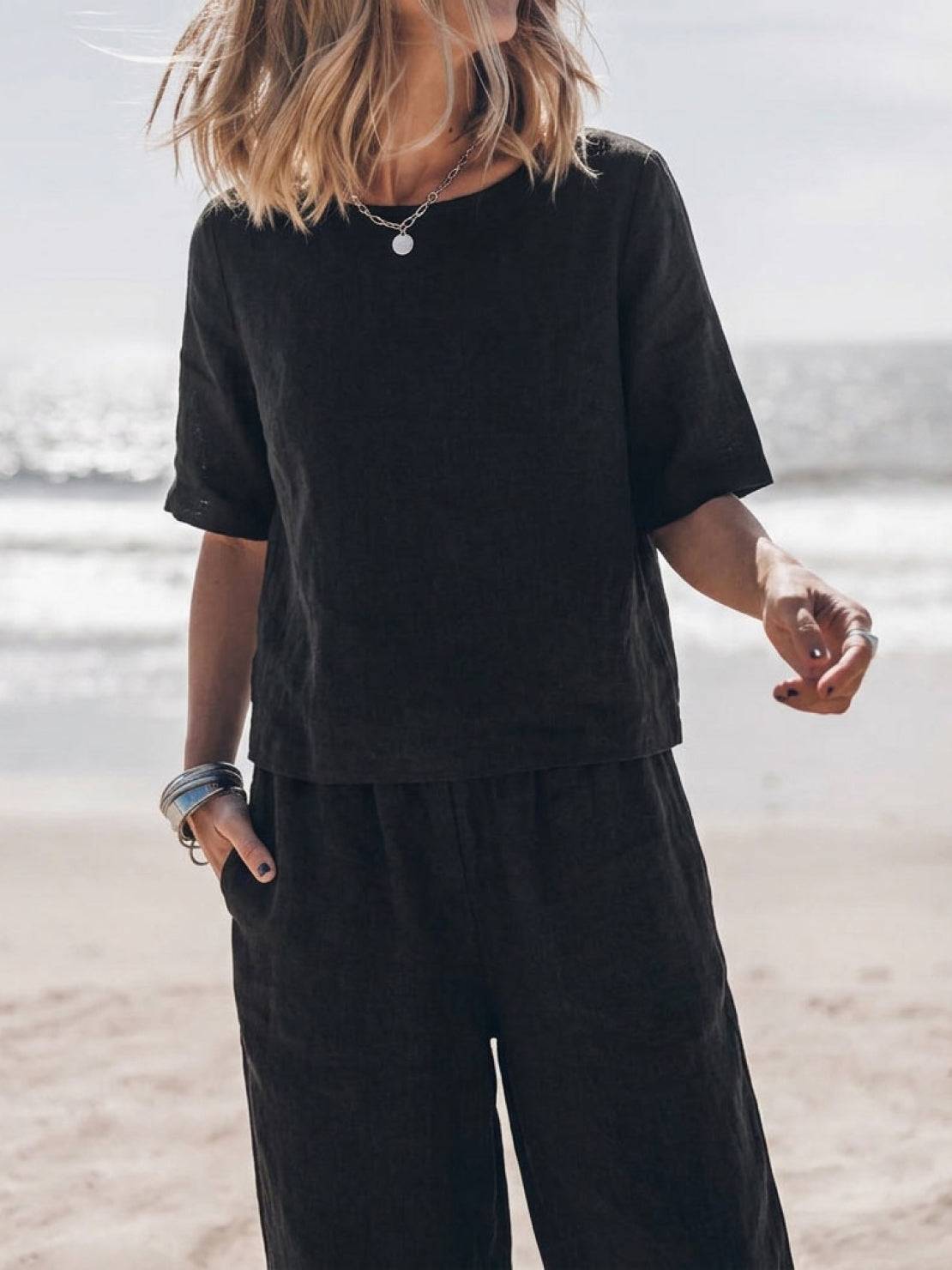 Loose fit co-ord set with soft-tailored top and wide-leg cotton trousers in neutral tone