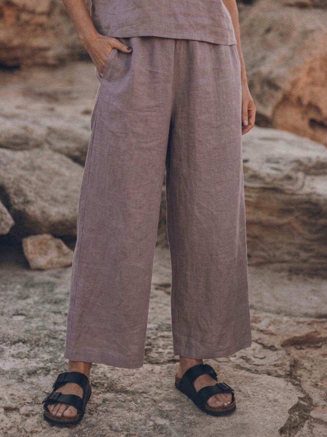 woman wearing soft-tailored loose fit co-ord set with wide-leg trousers in light fabric