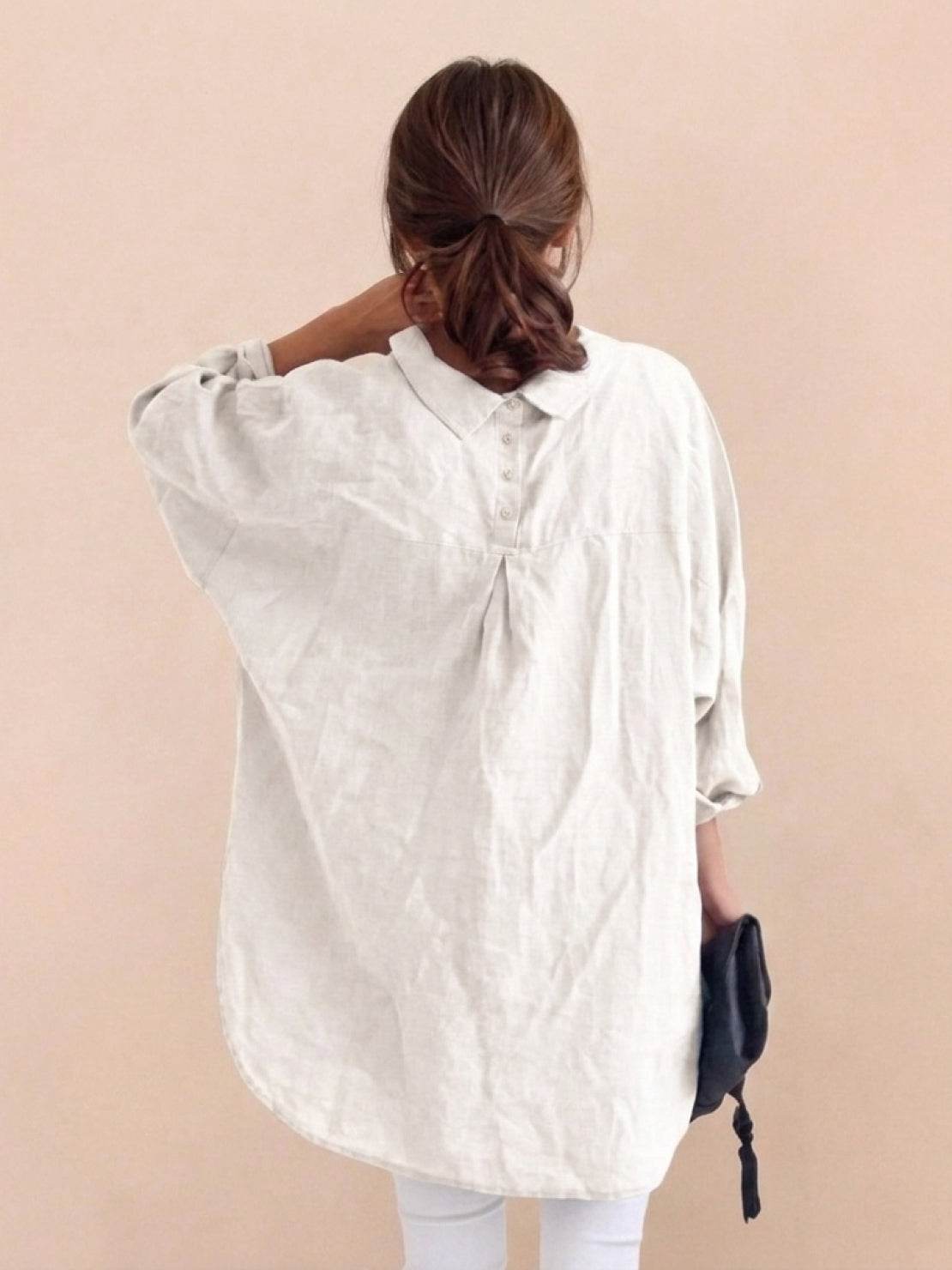 oversized relaxed cotton linen shirt with dropped shoulders and signature back pleat detail