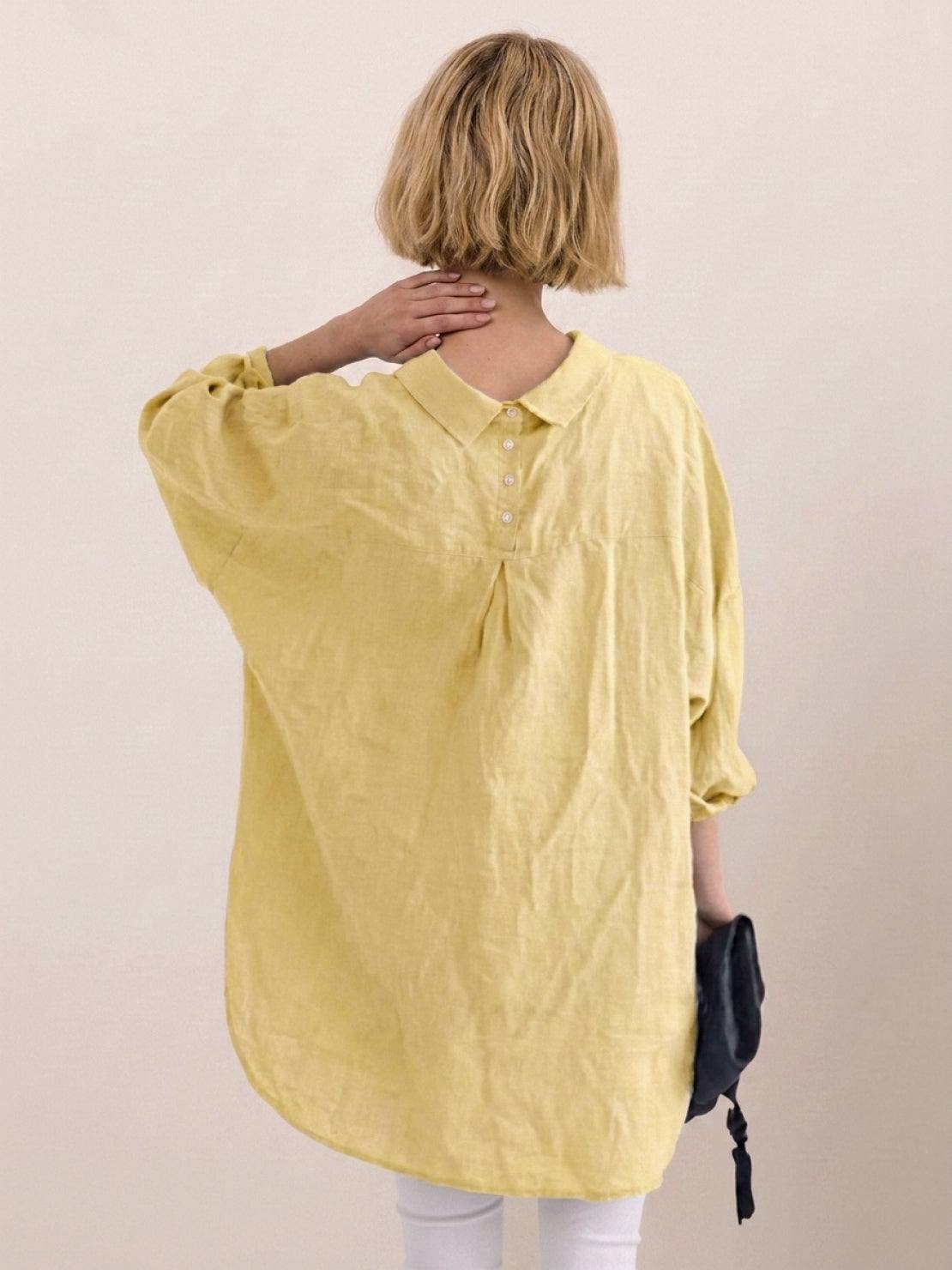 oversized relaxed 100% cotton linen shirt with dropped shoulders and back pleat detail