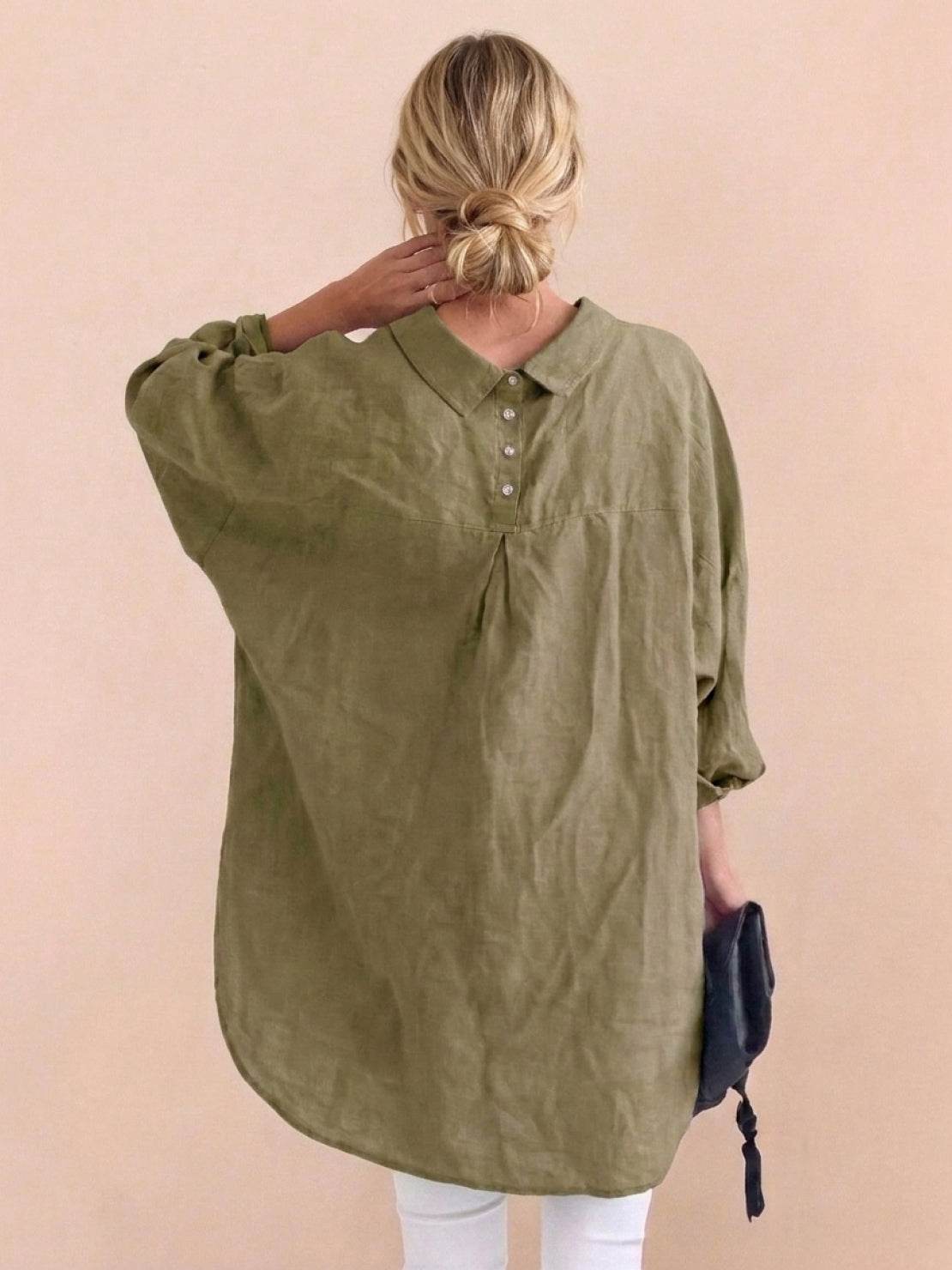 relaxed oversized 100% cotton linen shirt with dropped shoulders and back pleat detail
