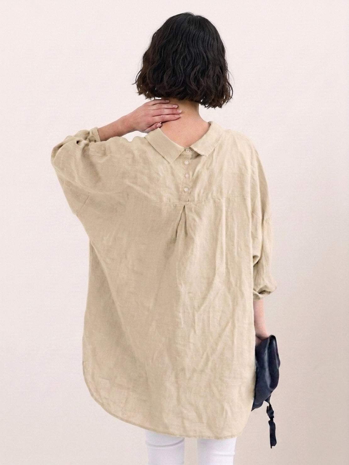 relaxed oversized 100% cotton linen shirt with dropped shoulders and back pleat detail