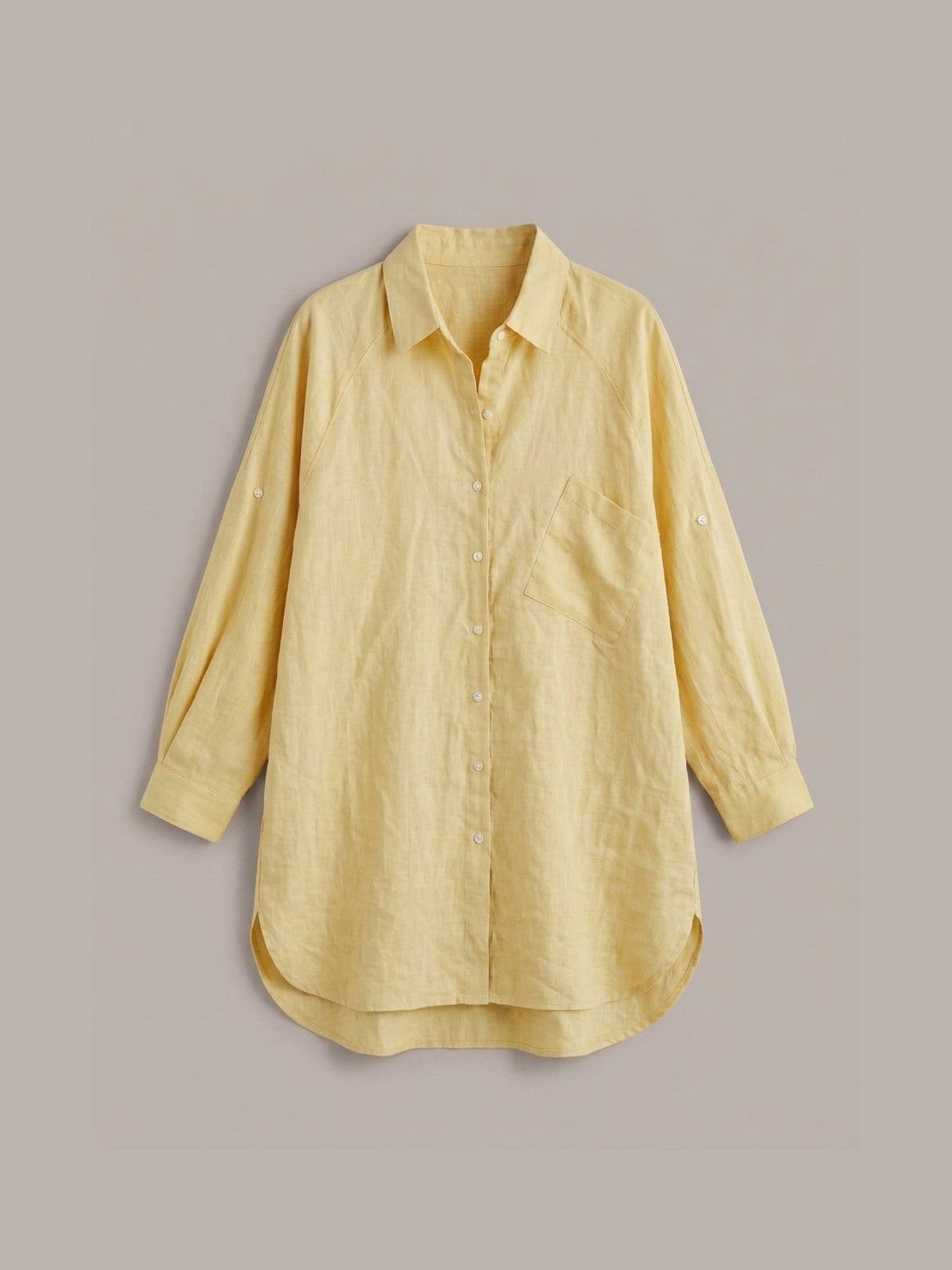 relaxed oversized 100% cotton linen shirt with dropped shoulders and back pleat detail